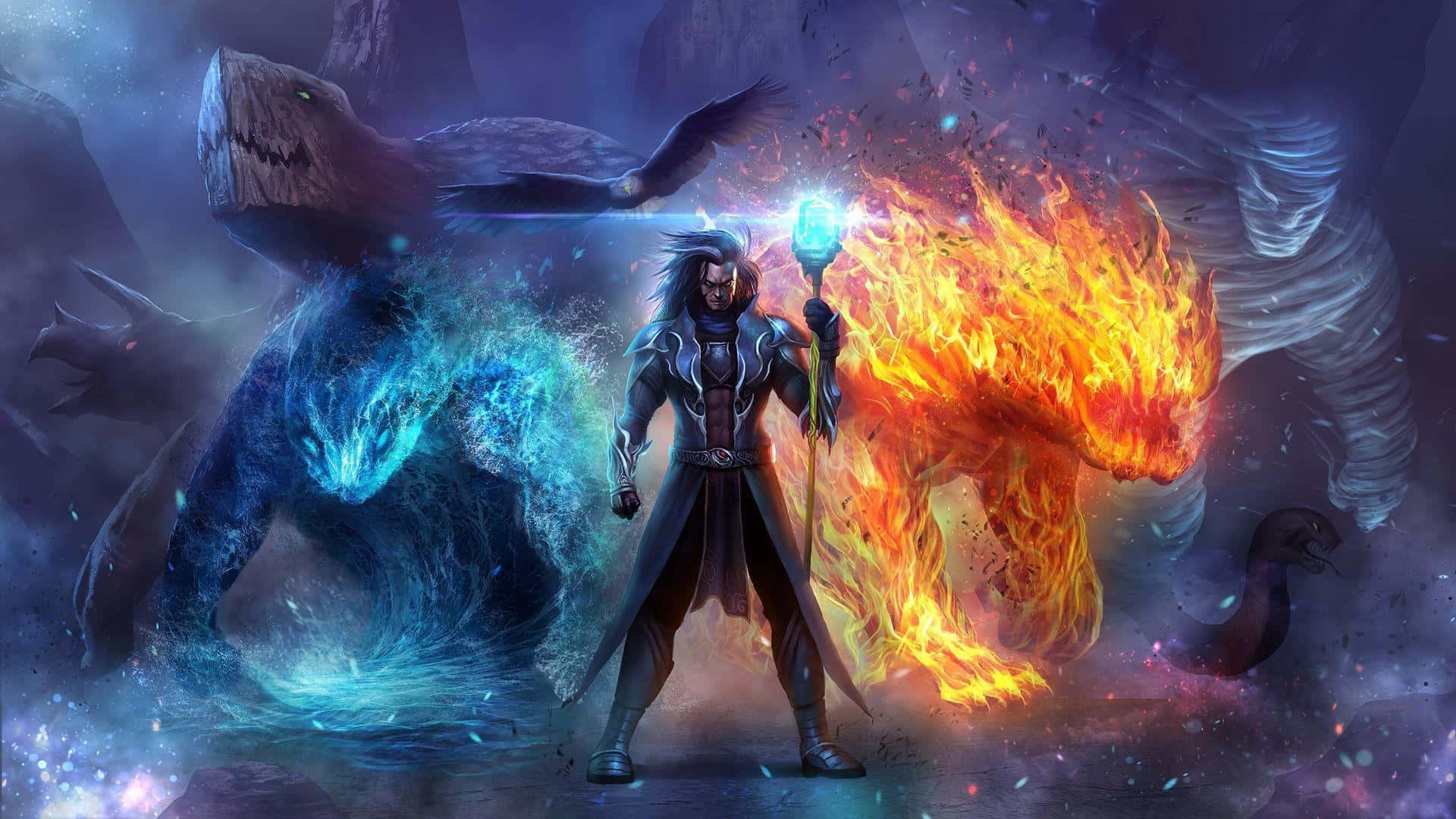 Dark Wizard, glowing staff, blue ice monster, Full HD Desktop Wallpaper