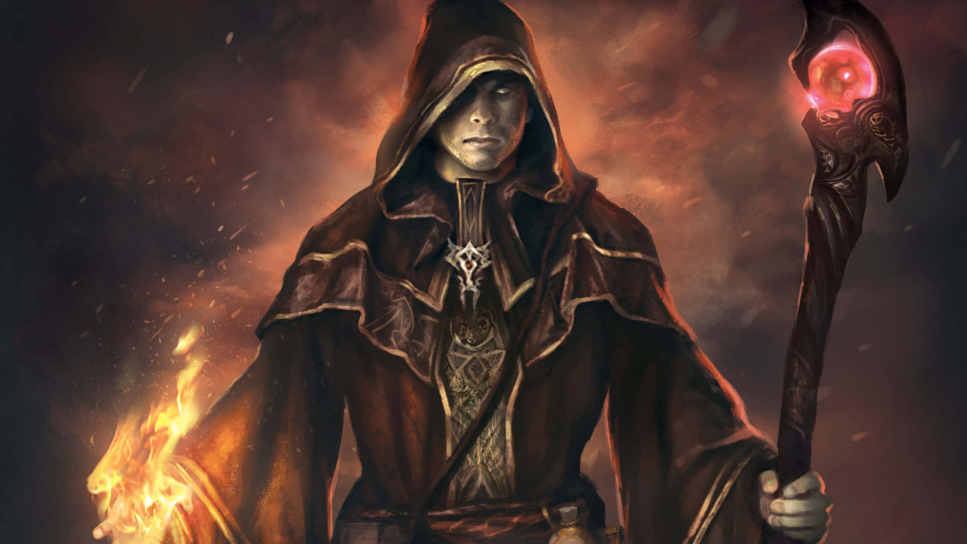Dark Wizard, flaming orb, glowing staff, Full HD Desktop Wallpaper