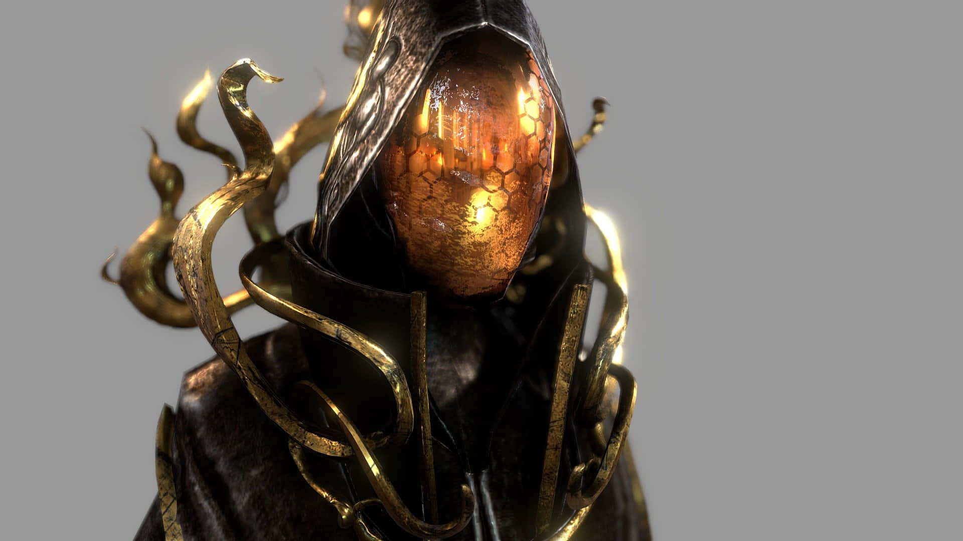 Dark Wizard, honeycomb-patterned face, golden serpentine adornments, Full HD Desktop Wallpaper