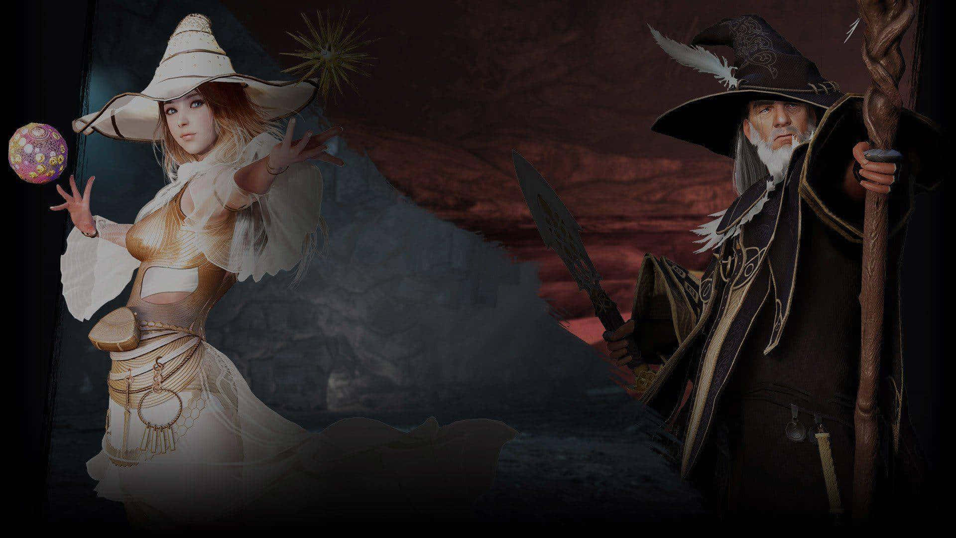 Dark Wizard, young witch in white robes, elder wizard in dark robes, Full HD Desktop Wallpaper