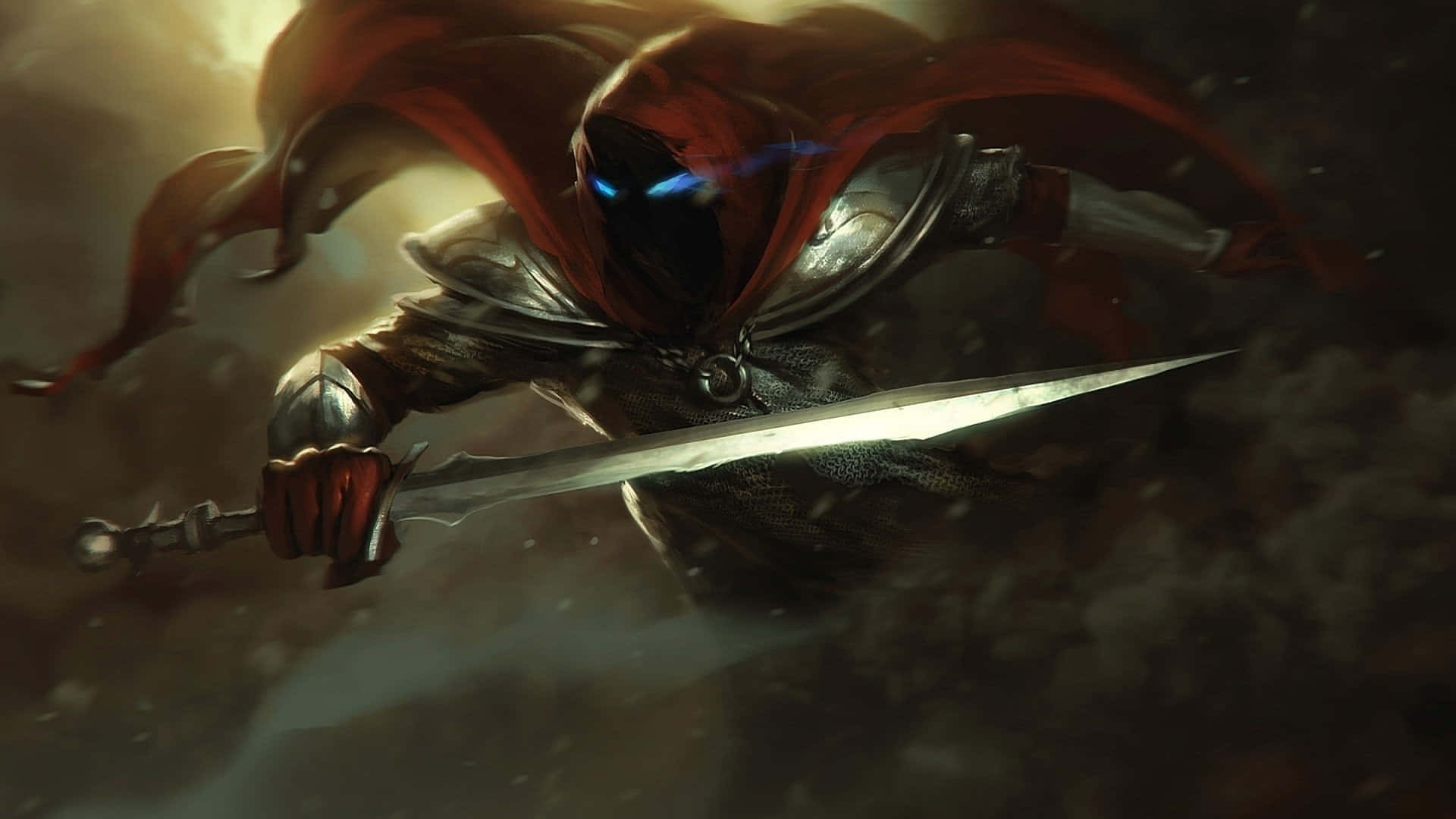 Dark Wizard, glowing blue eyes, flowing red cape, Full HD Desktop Wallpaper