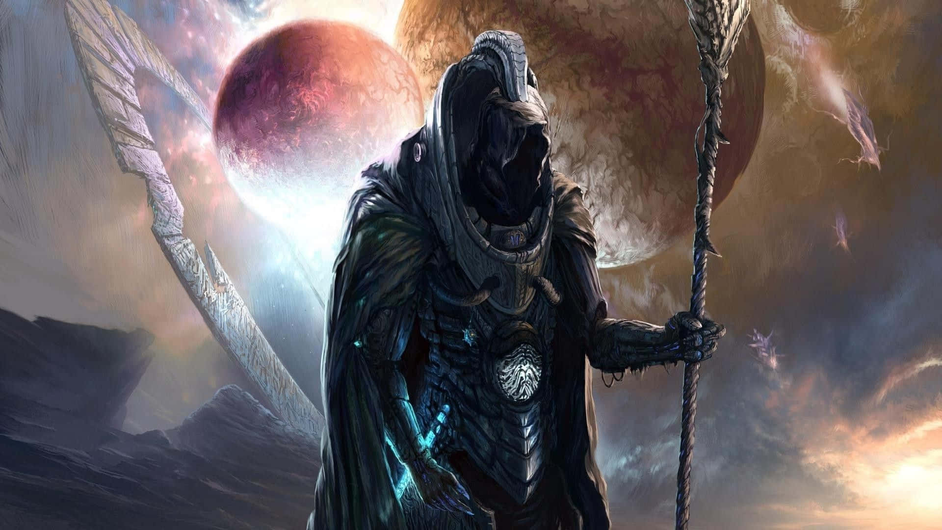 Dark Wizard, hooded armored figure, desolate alien planet, Full HD Desktop Wallpaper