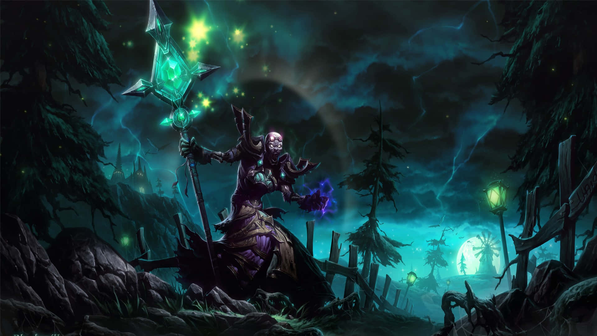 Dark Wizard, glowing green staff, stormy forest, Full HD Desktop Wallpaper