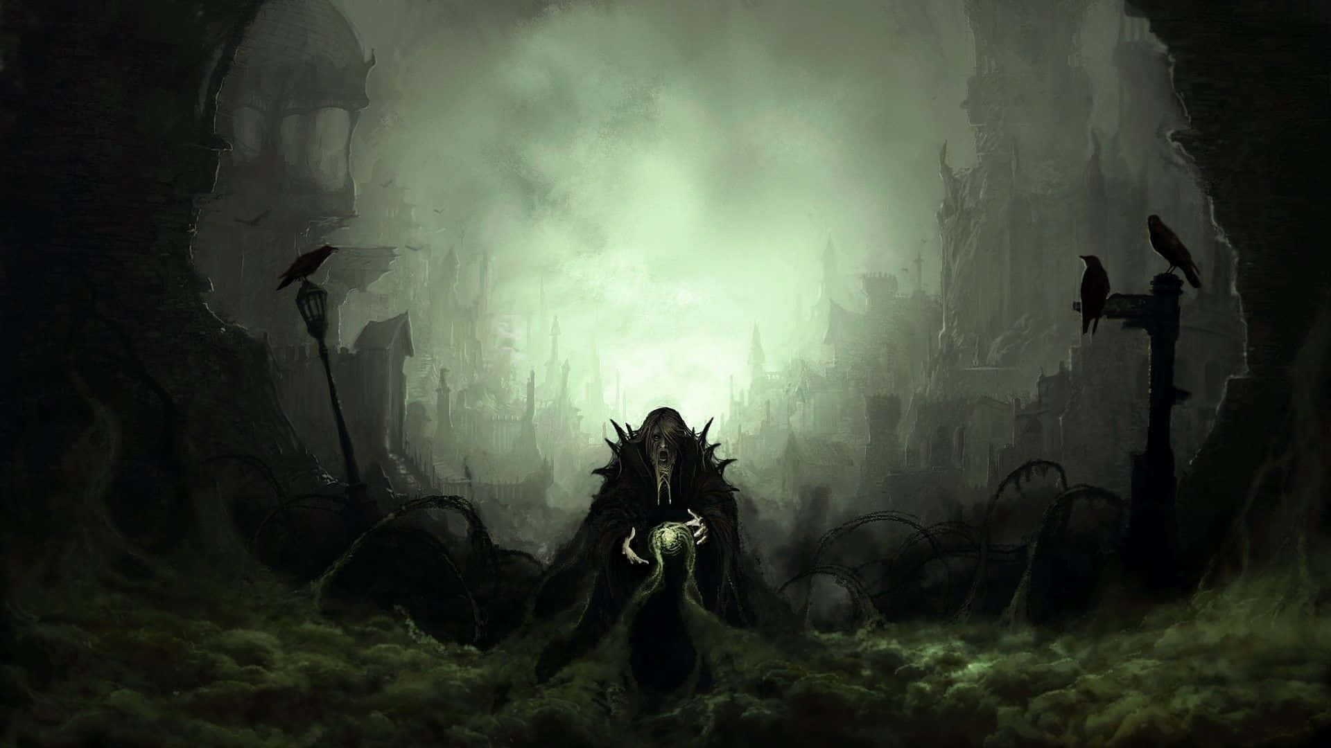 Dark Wizard, cloaked figure, glowing eyes, Full HD Desktop Wallpaper
