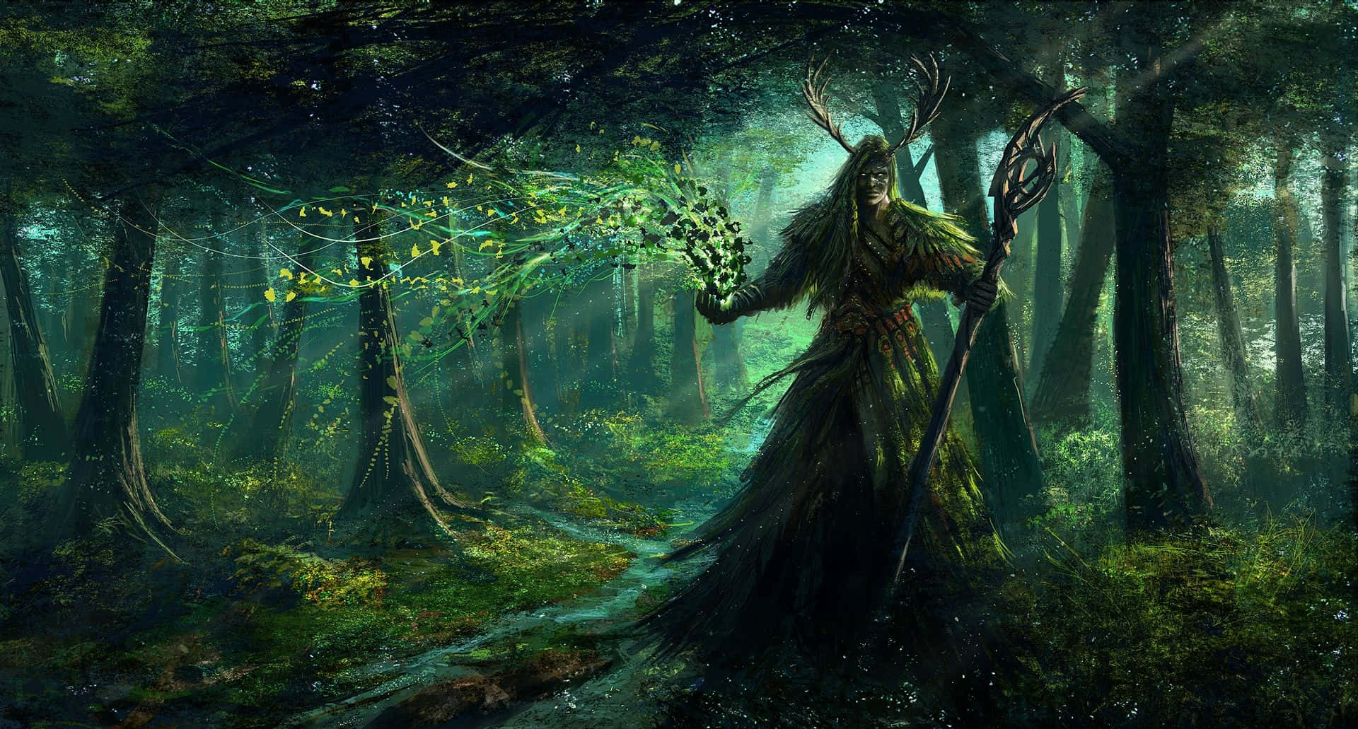 Dark Wizard, mystical forest spirit, antlers, Full HD Desktop Wallpaper
