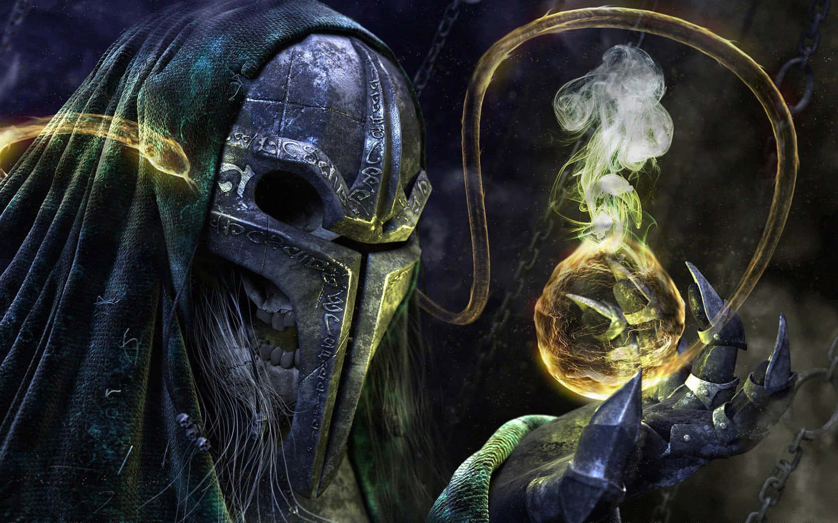 Dark Wizard, skull mask, glowing orb, HD Desktop Wallpaper