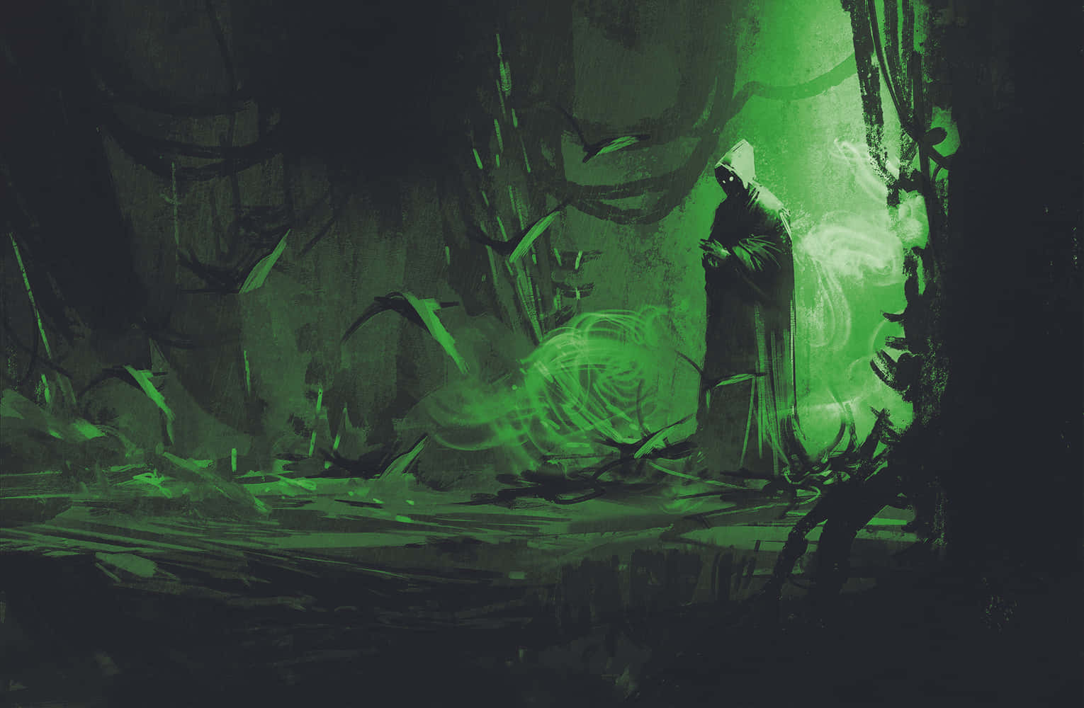 Dark Wizard, cloaked figure, dark forest, HD Desktop Wallpaper