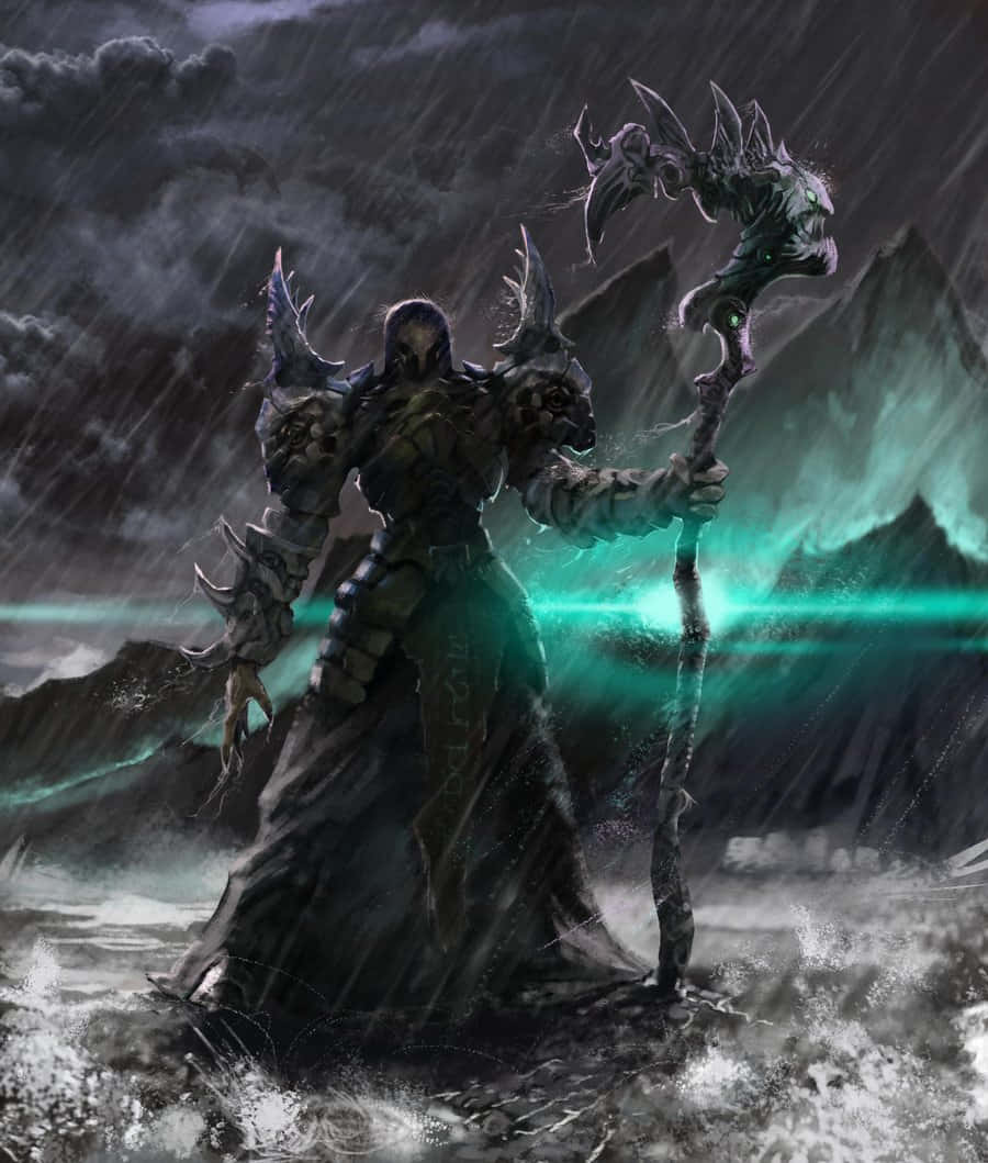 Dark Wizard, glowing green staff, stormy mountainous landscape, SD Phone Wallpaper