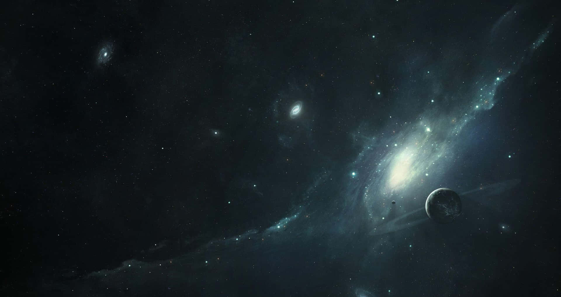 glowing spiral galaxy, blue and white light, distant stars, Full HD Desktop Wallpaper