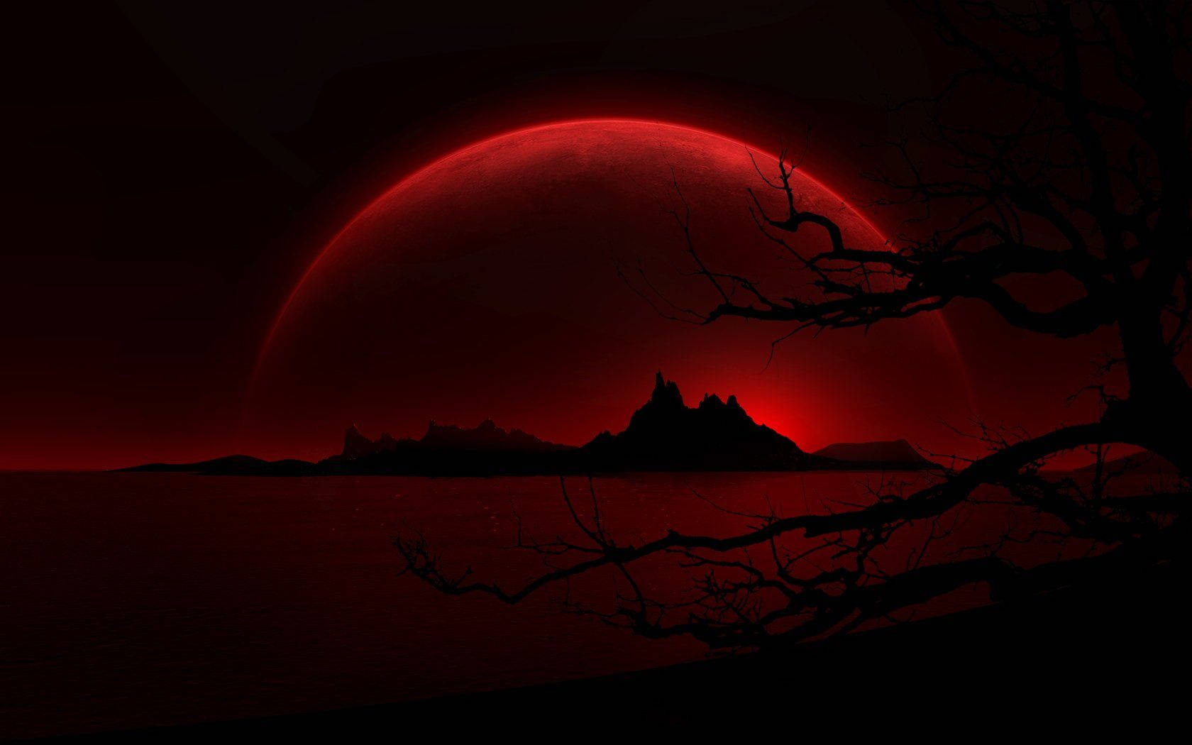 red planet, jagged mountains, bare tree branches, HD Desktop Wallpaper