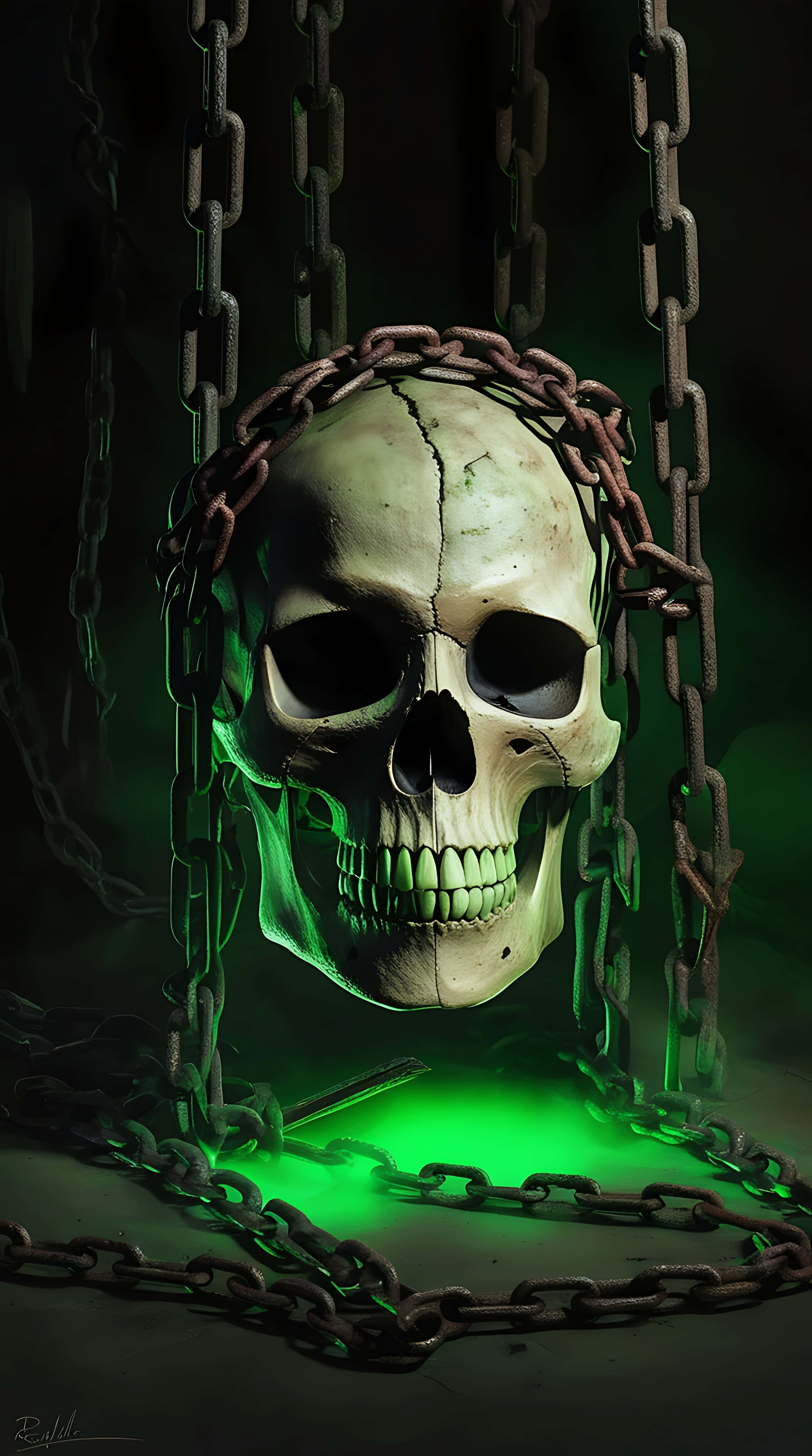 cursed skull, chains of darkness, glowing eerie green light, 5K Phone Wallpaper