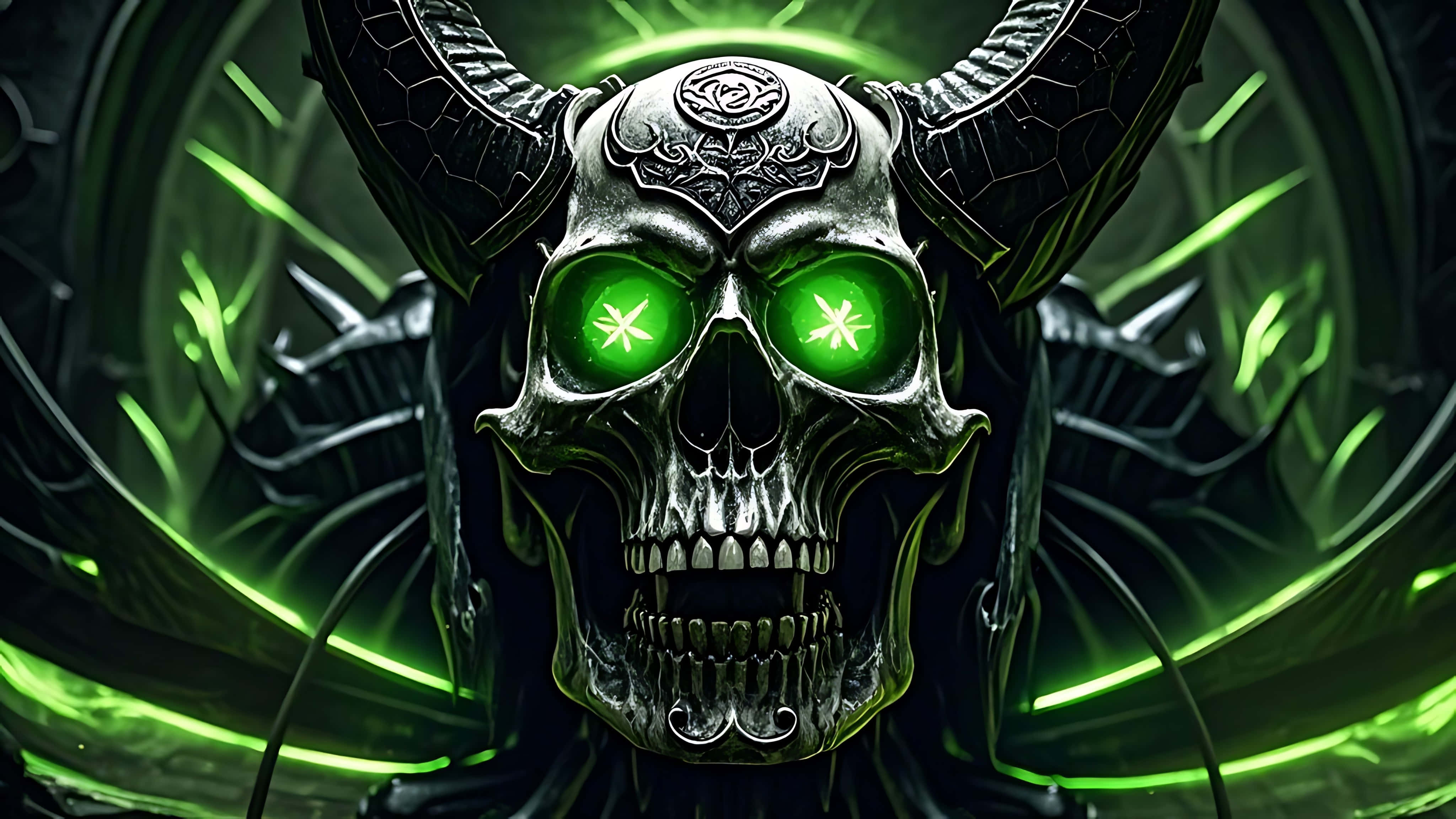 demonic skull, glowing green starry eyes, ornate horns, 4K Desktop Wallpaper