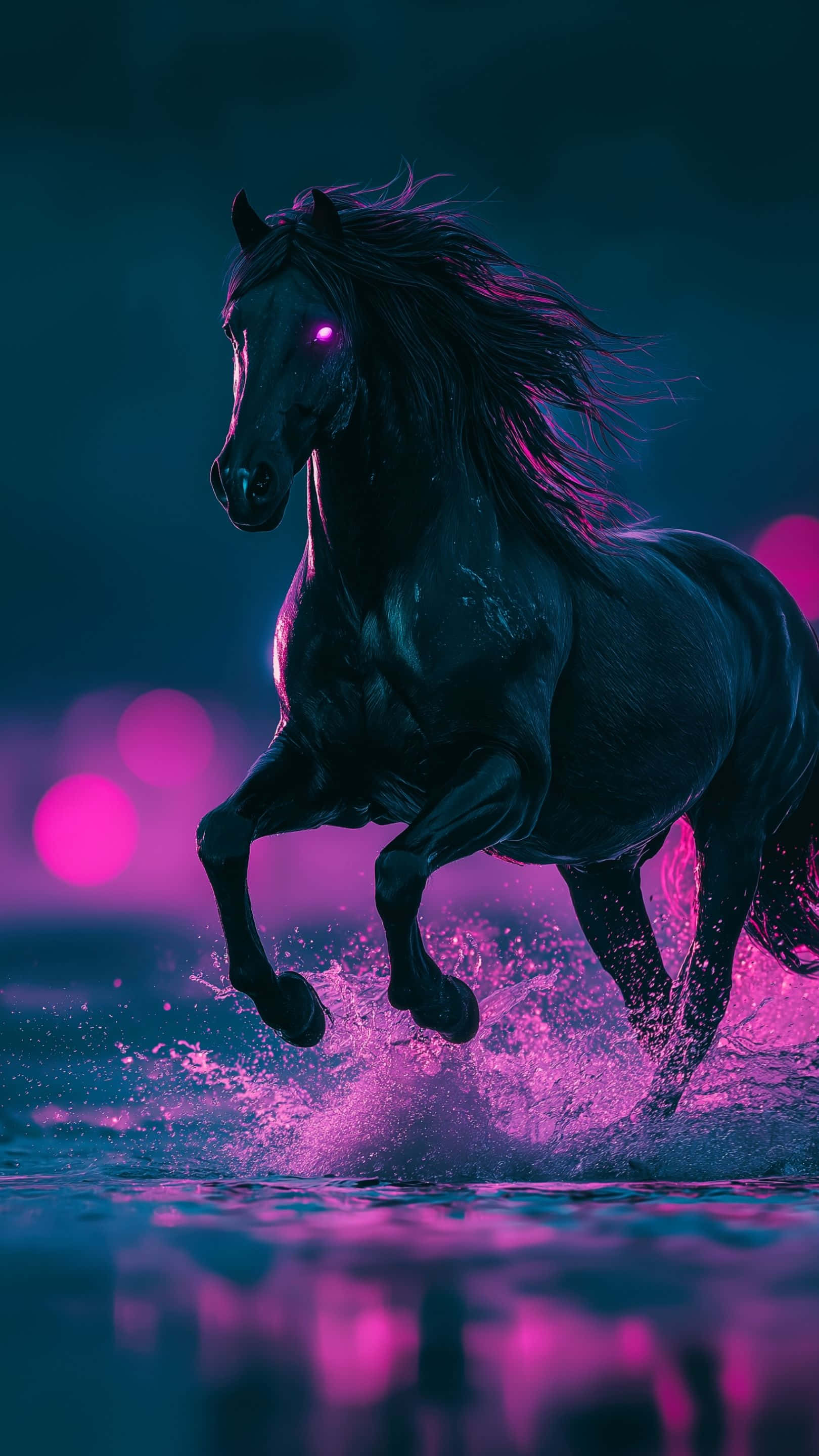 mystical black horse, glowing eyes, radiant pink waters, 2K Phone Wallpaper