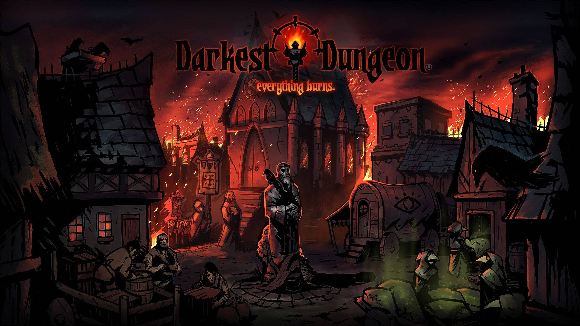 Darkest Dungeon, blood-red sky, hooded figures, Full HD Desktop Wallpaper