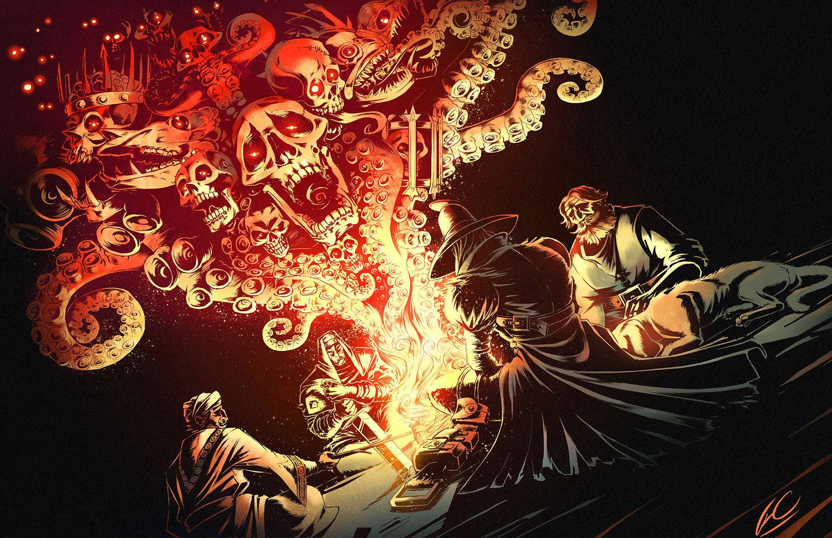 Darkest Dungeon, warriors, monstrous red octopus, HD Desktop Wallpaper