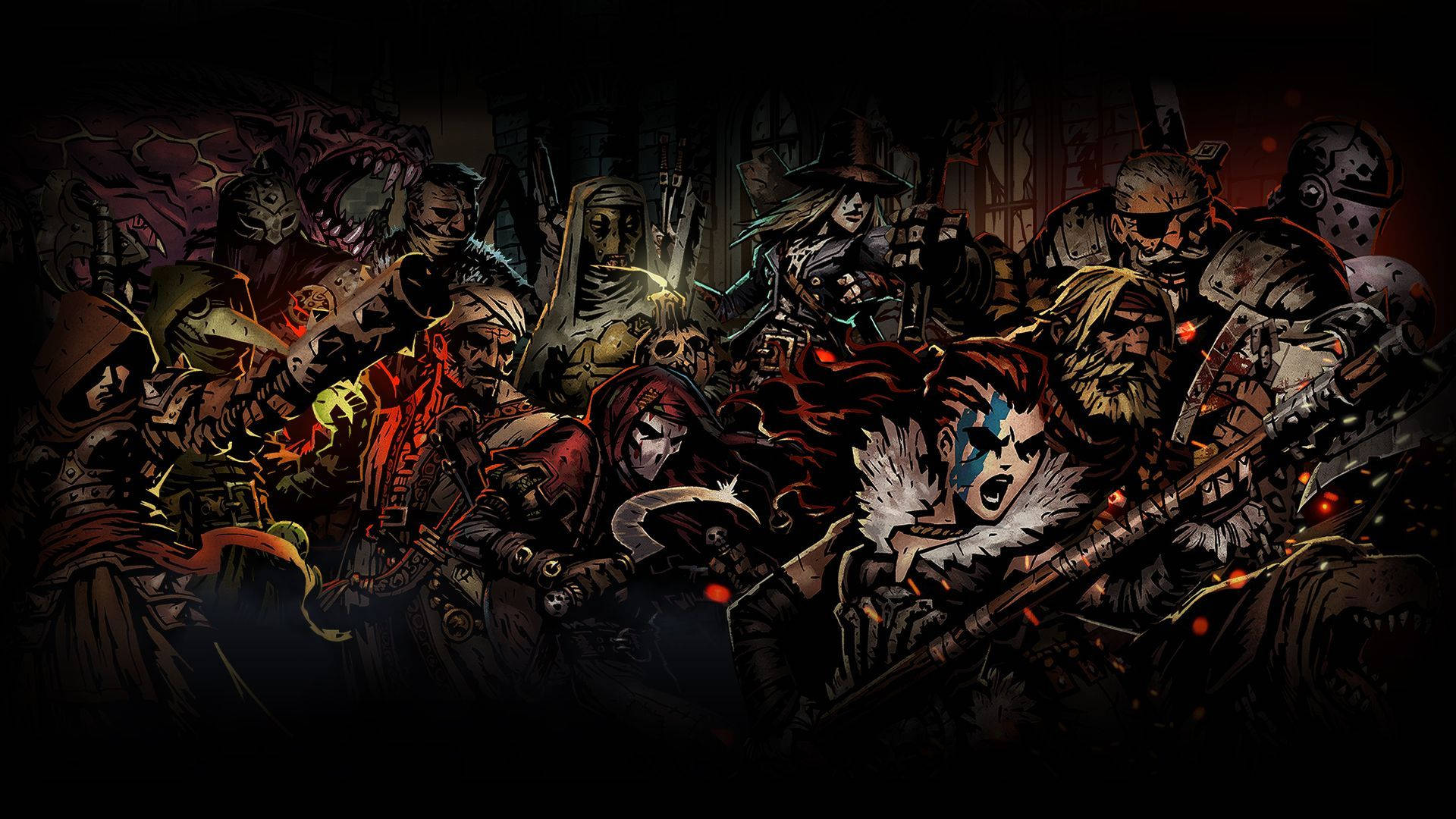 Darkest Dungeon, chaotic battle scene, armored warriors, Full HD Desktop Wallpaper
