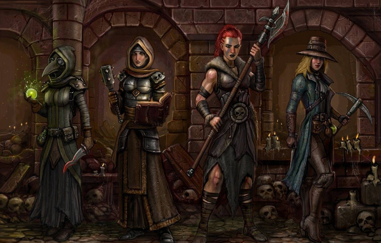 Darkest Dungeon, female heroes, dim stone dungeon, HD Desktop Wallpaper