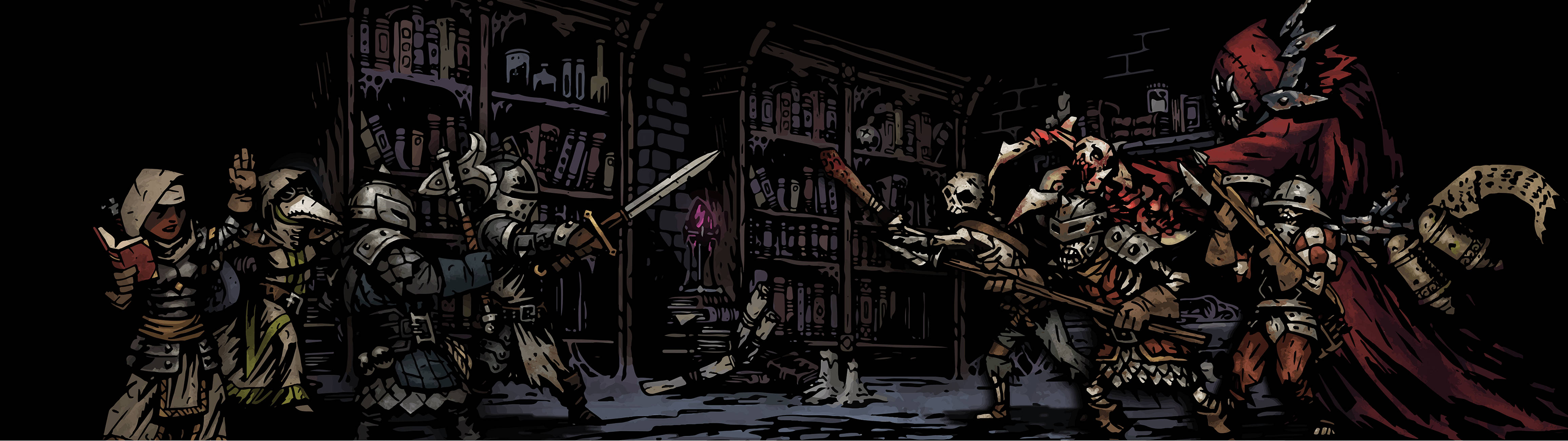 Darkest Dungeon, dual monitor set up, candlelit library, 4K Desktop Wallpaper