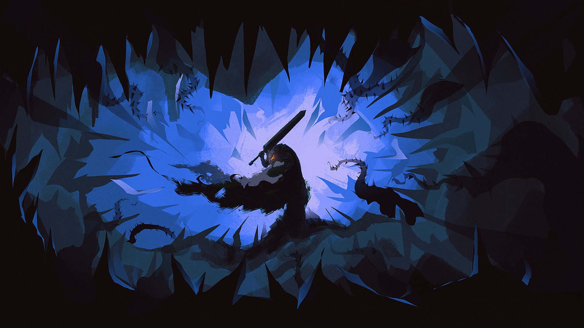 warrior, sword, jagged blue-lit cavern, Full HD Desktop Wallpaper