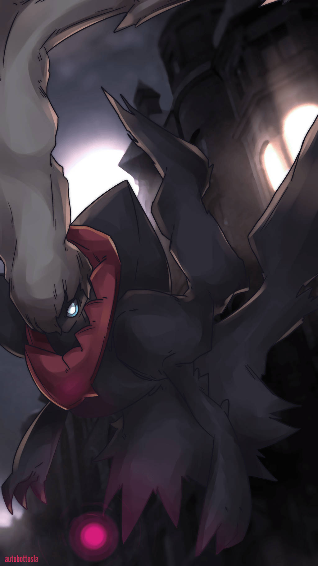 Darkrai, glowing blue eyes, red accents, HD Phone Wallpaper