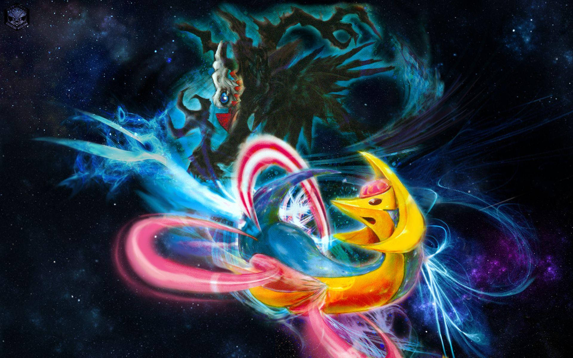 Darkrai, glowing yellow dragon, dark tree-like entity, Full HD Desktop Wallpaper