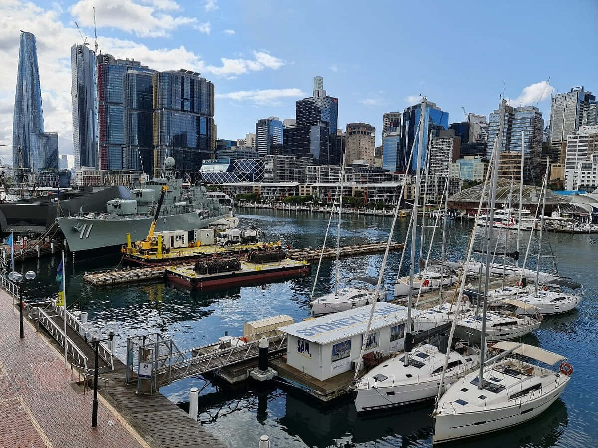 Darling Harbor Sydney, sailboats, modern skyscrapers, SD Desktop Wallpaper