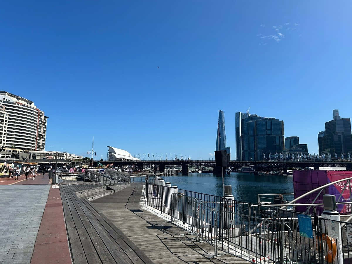 Darling Harbor Sydney, sunny day, wooden boardwalks, SD Desktop Wallpaper