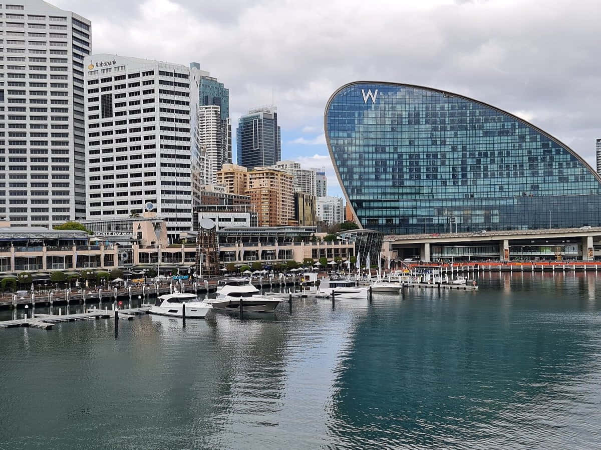 Darling Harbor Sydney, waterfront, glass skyscrapers, SD Desktop Wallpaper
