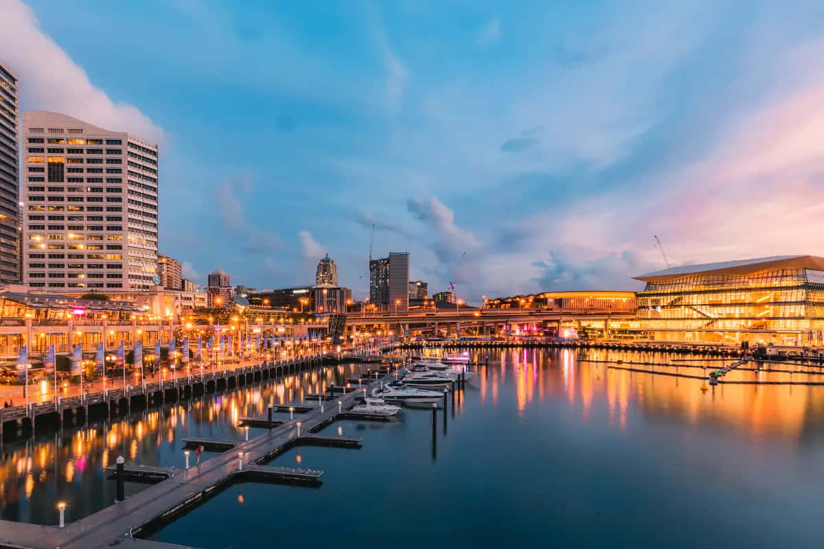 Darling Harbor Sydney, dusk view, glowing buildings, SD Desktop Wallpaper