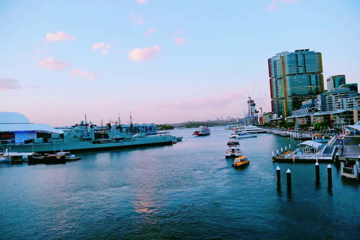 Darling Harbor Sydney, dusk view, historic warship, SD Desktop Wallpaper