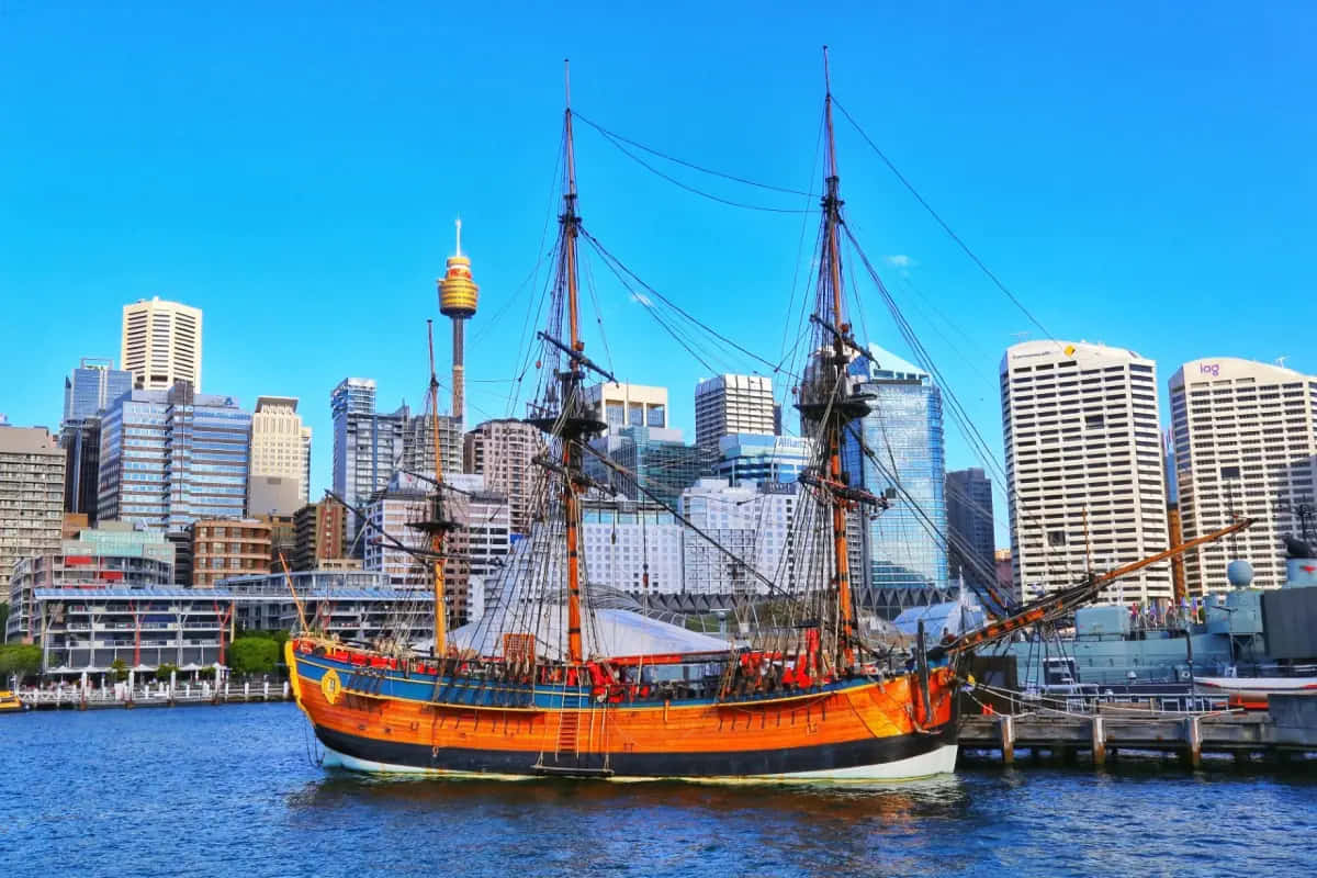 Darling Harbor Sydney, historic wooden sailing ship, orange hull, SD Desktop Wallpaper
