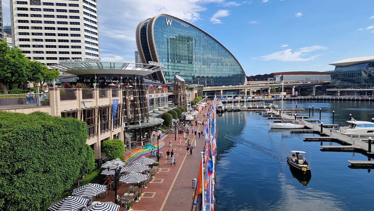 Darling Harbor Sydney, waterfront promenade, striped umbrellas, SD Desktop Wallpaper