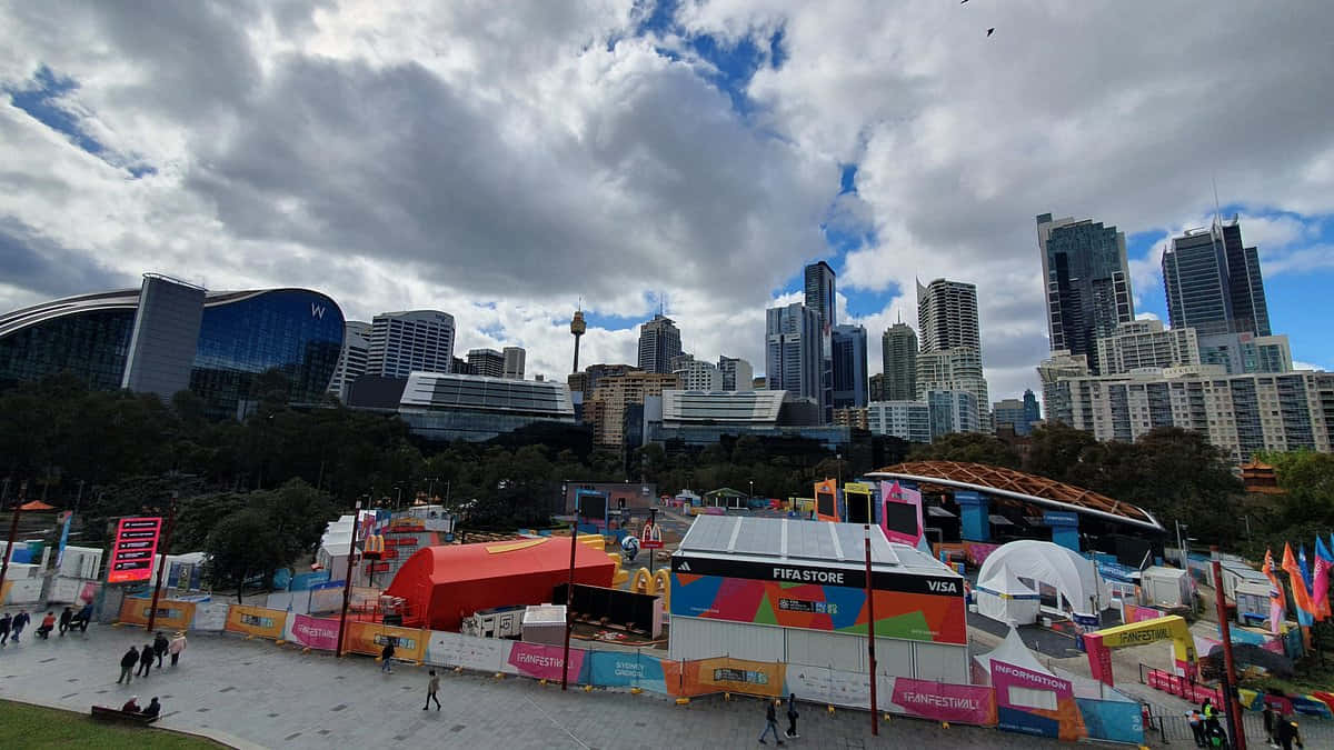 Darling Harbor Sydney, urban festival scene, colorful tents, SD Desktop Wallpaper