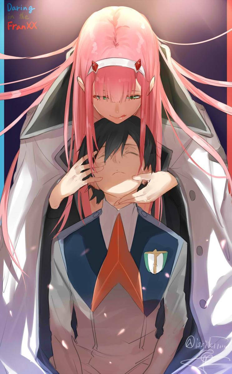 Darling In The Franxx, pink-haired anime girl with horns, boy in a school uniform, SD Phone Wallpaper