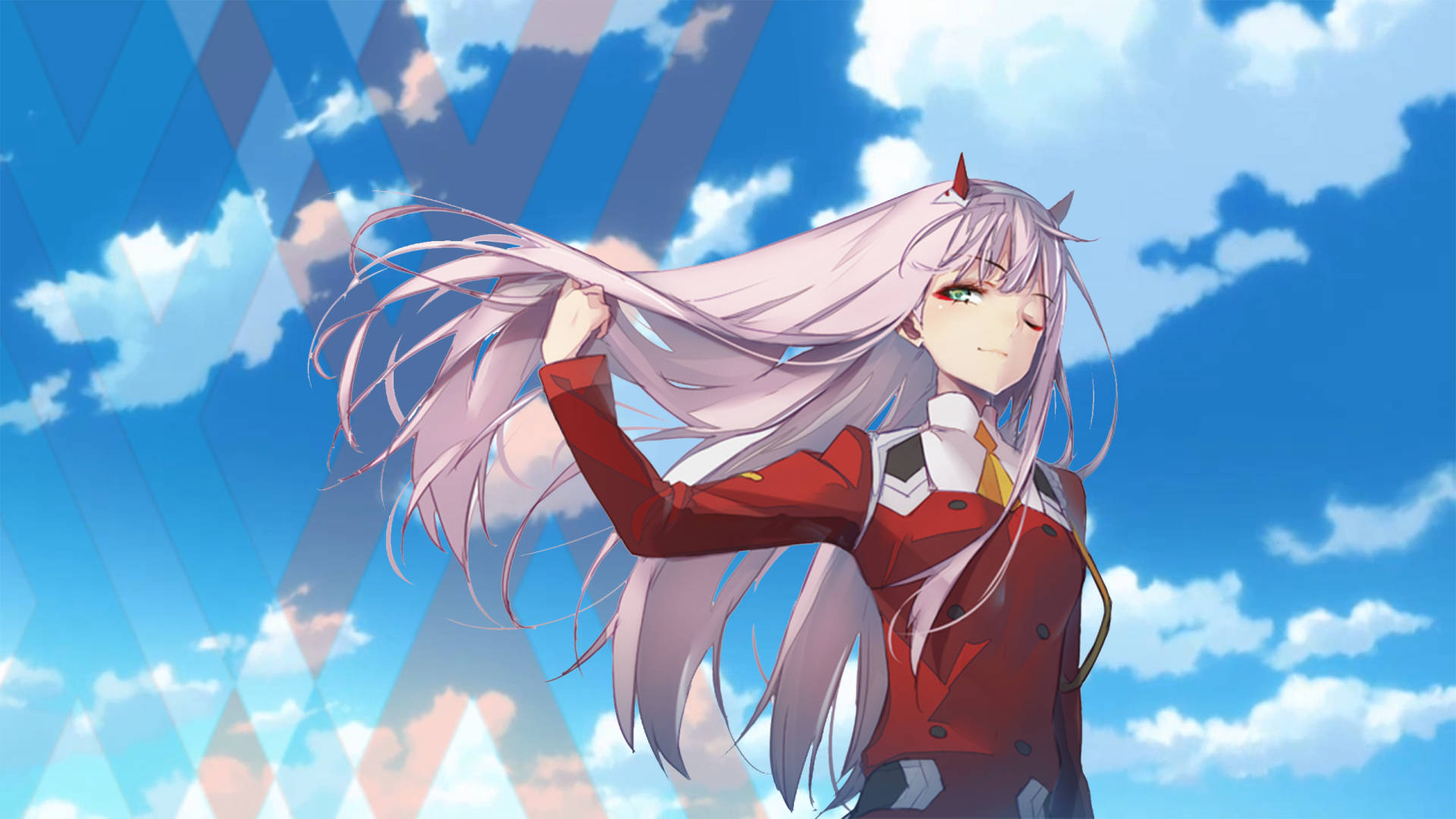 Darling In The Franxx, blue sky, long silver hair, Full HD Desktop Wallpaper