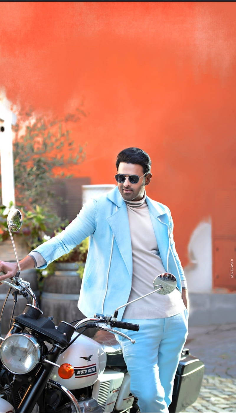 Darling Prabhas Movie, vintage motorcycle, light blue outfit, HD Phone Wallpaper