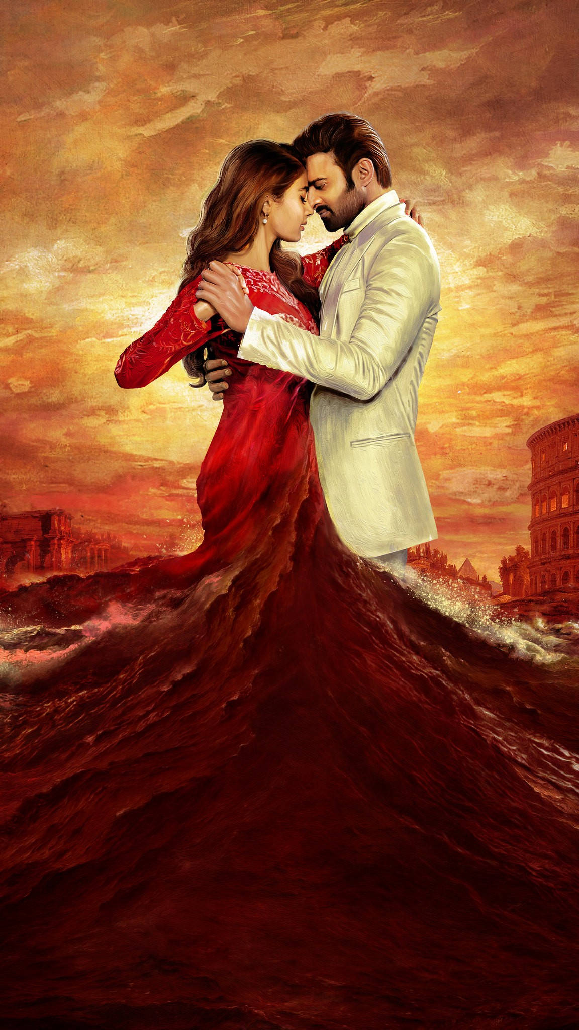 Darling Prabhas Movie, red dress, fiery sunset sky, Full HD Phone Wallpaper