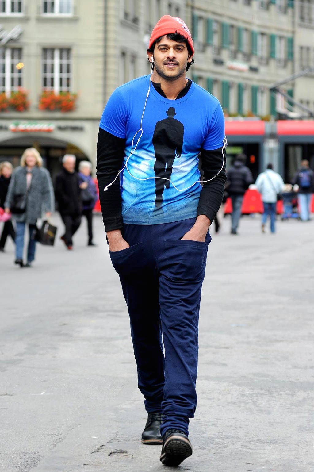 Darling Prabhas Movie, blue graphic tee, red beanie, HD Phone Wallpaper
