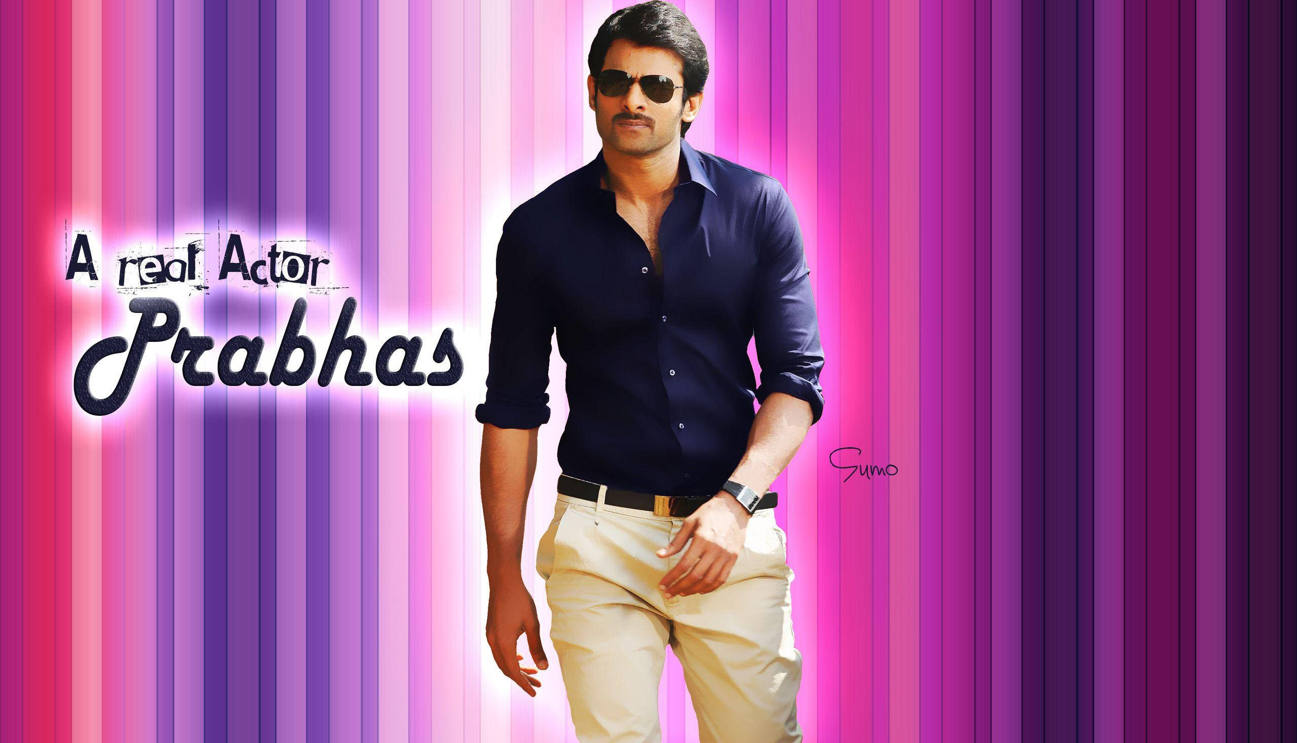 Darling Prabhas Movie, navy shirt, vibrant pink and purple striped background, 2K Desktop Wallpaper
