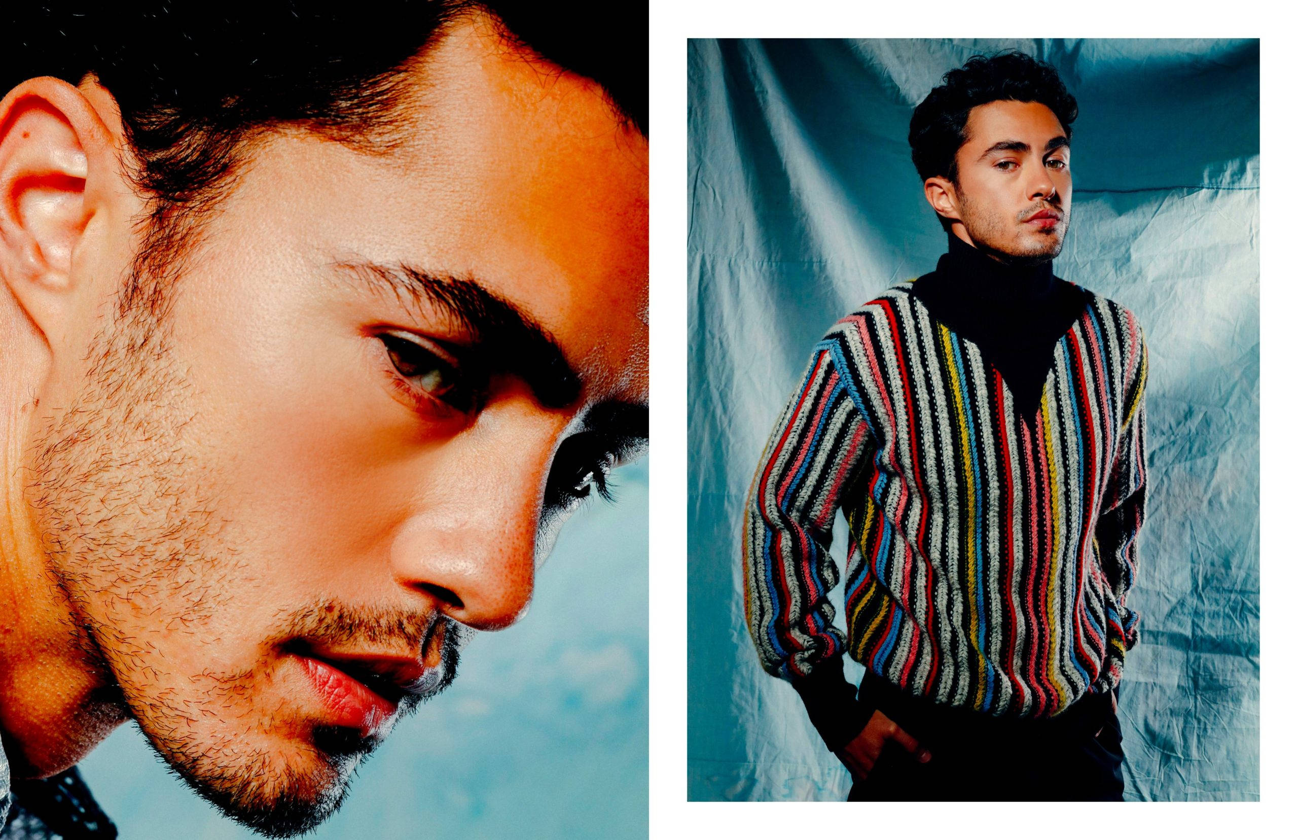 Darren Barnet, striped sweater, blue backdrop, 2K Desktop Wallpaper