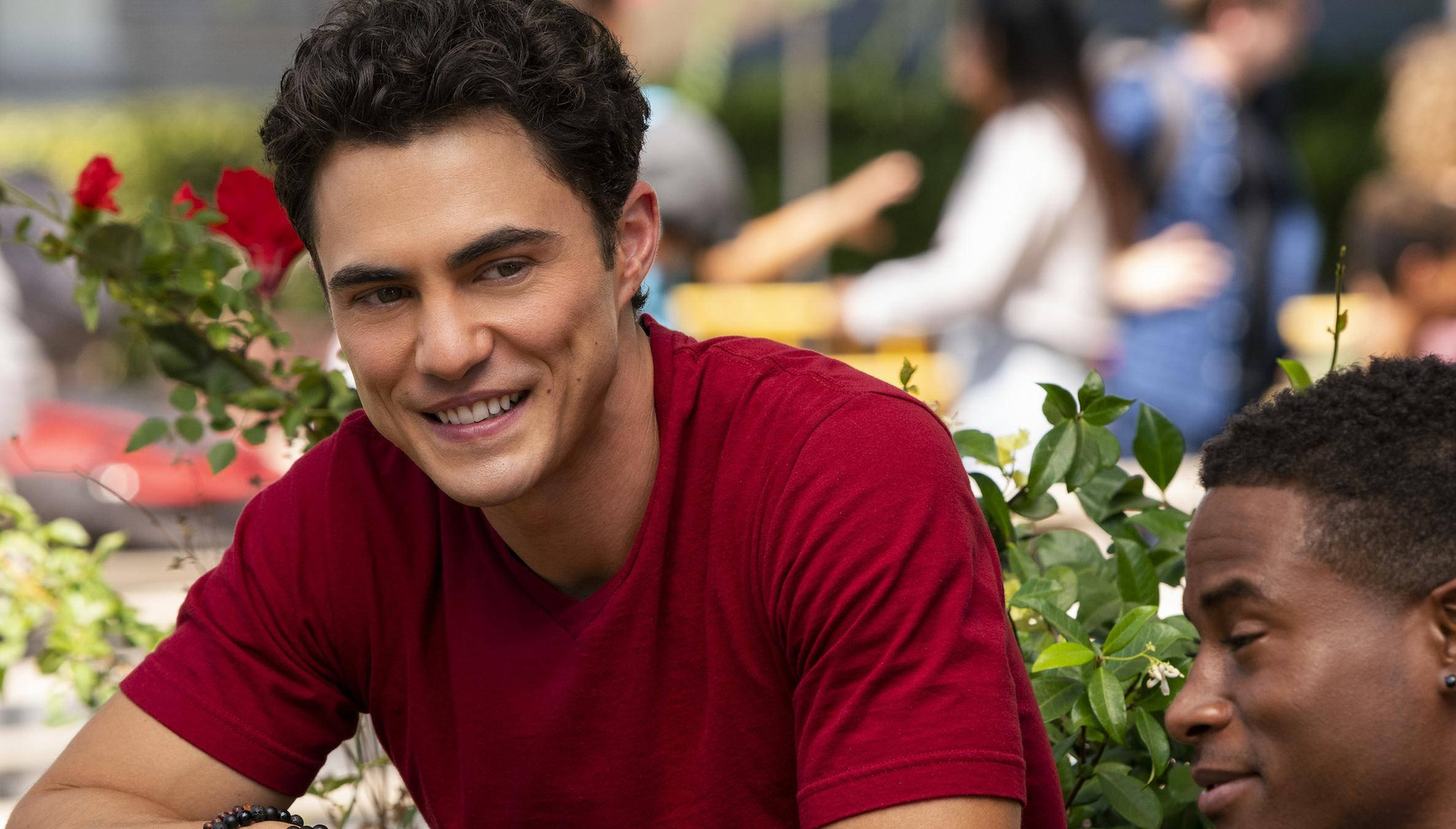 Darren Barnet, red shirt, greenery, Full HD Desktop Wallpaper