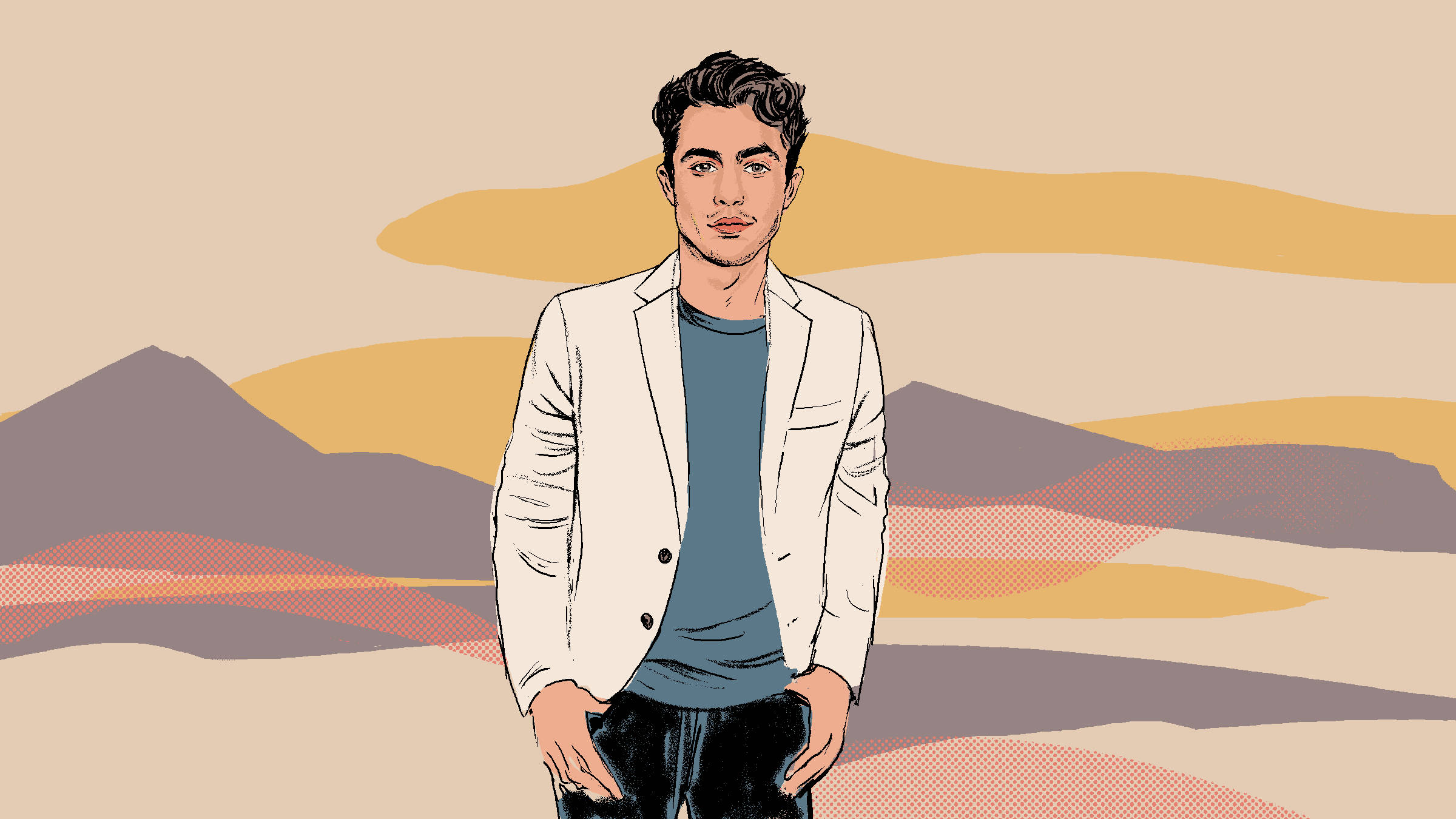 Darren Barnet, white blazer, stylized desert landscape, Full HD Desktop Wallpaper