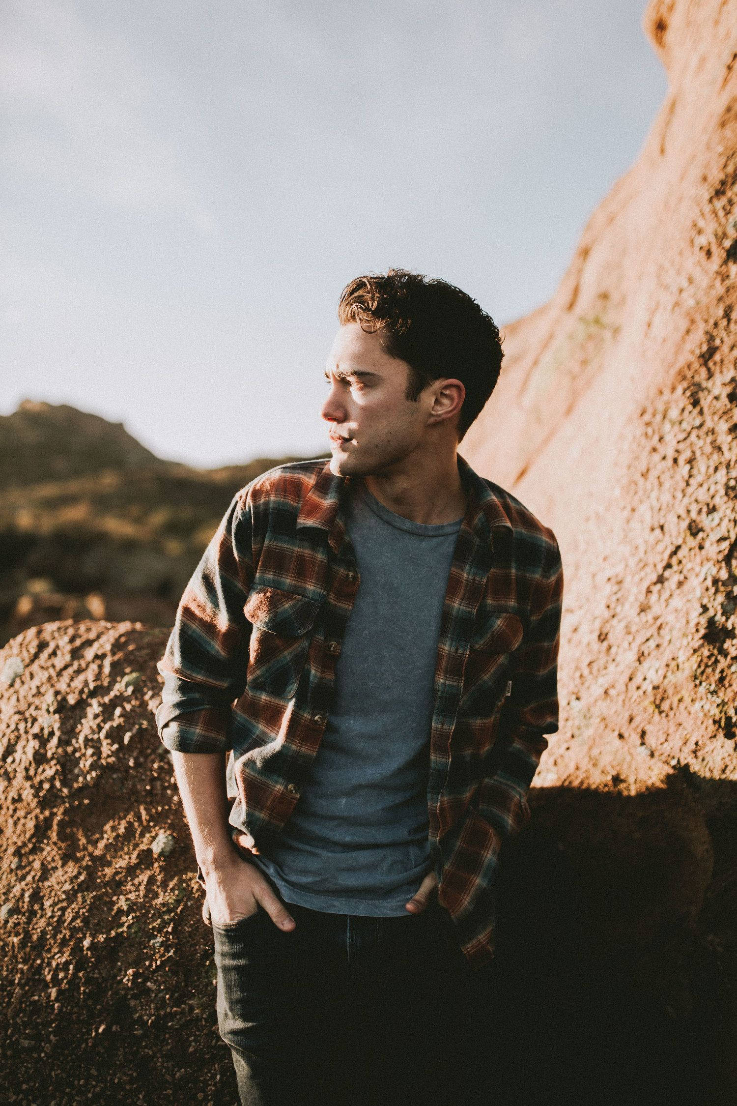 Darren Barnet, plaid shirt, rocky cliffside, Full HD Phone Wallpaper