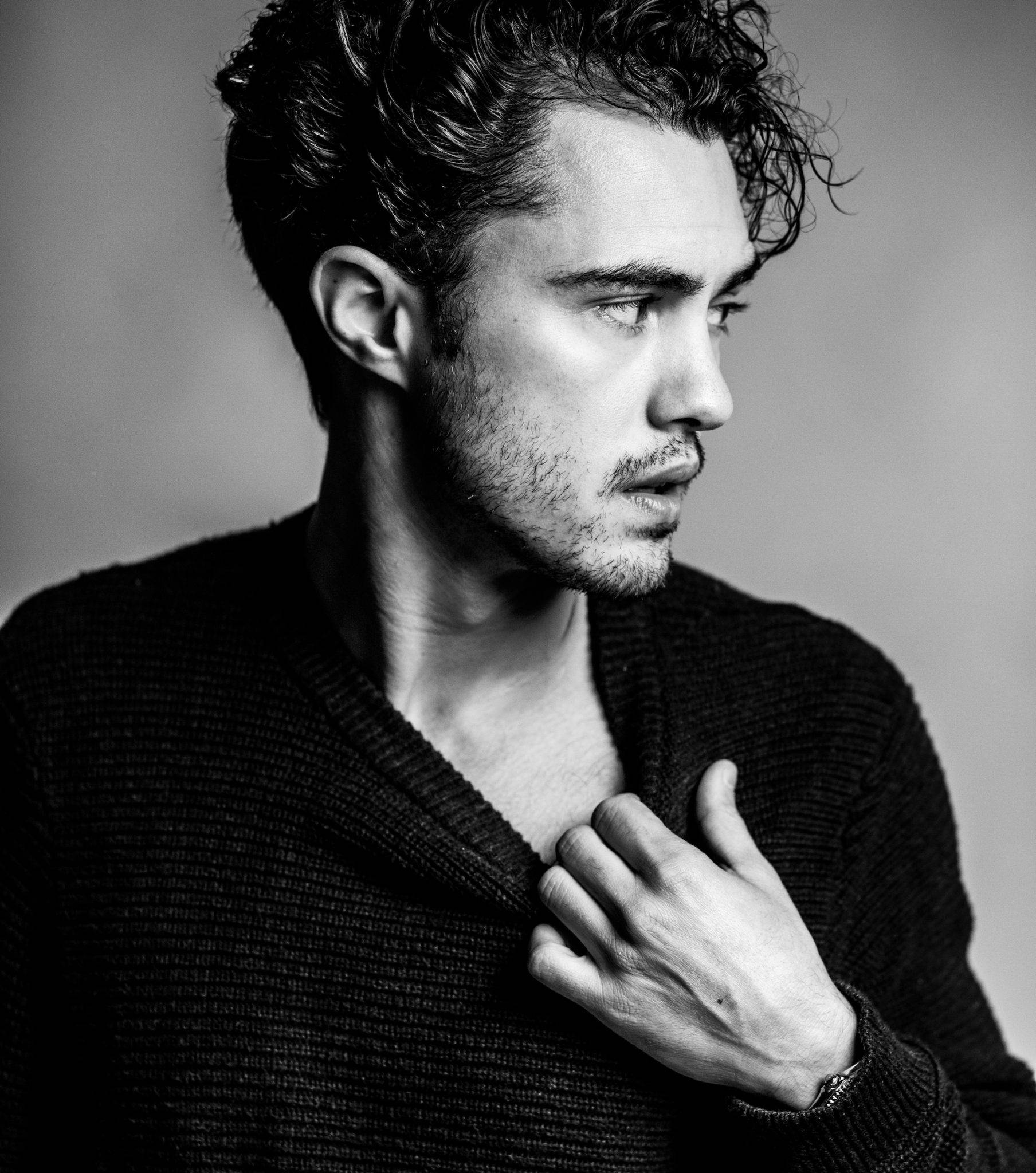 Darren Barnet, black and white portrait, curly hair, Full HD Phone Wallpaper