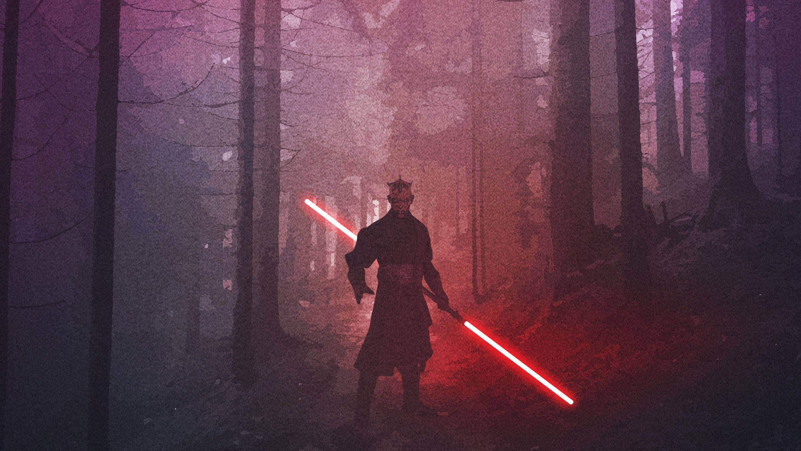 Darth Maul, two red lightsabers, misty purple forest, 2K Desktop Wallpaper