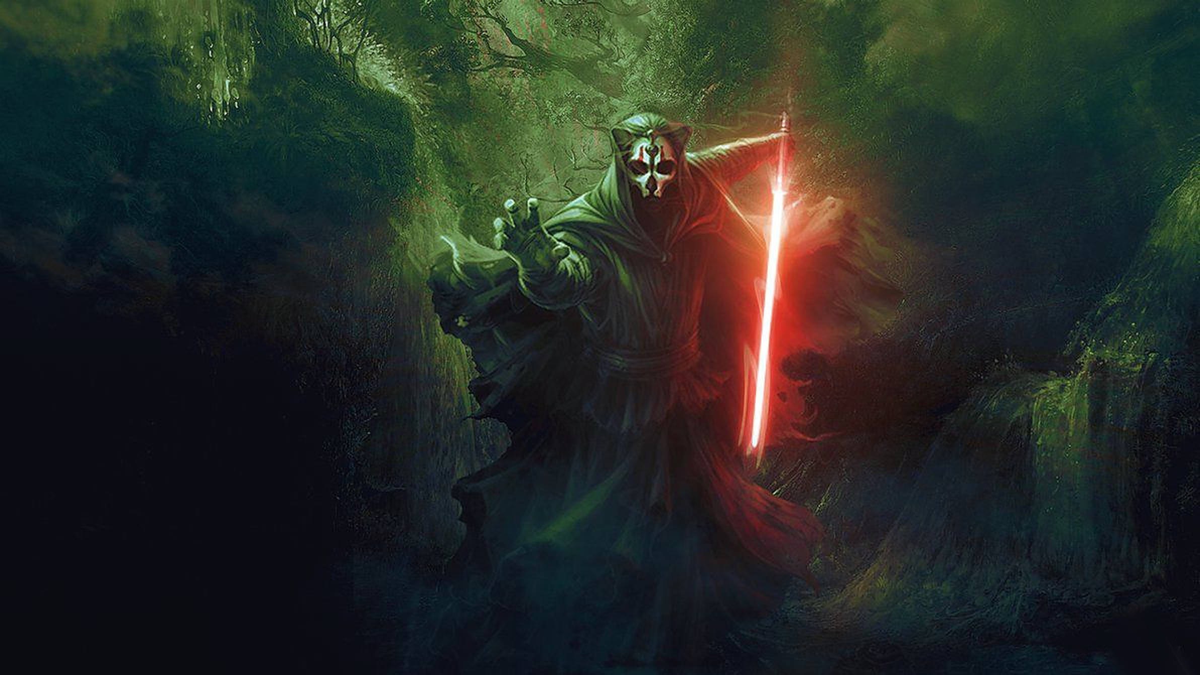 Darth Nihilus, cloaked masked figure, glowing red lightsaber, Full HD Desktop Wallpaper