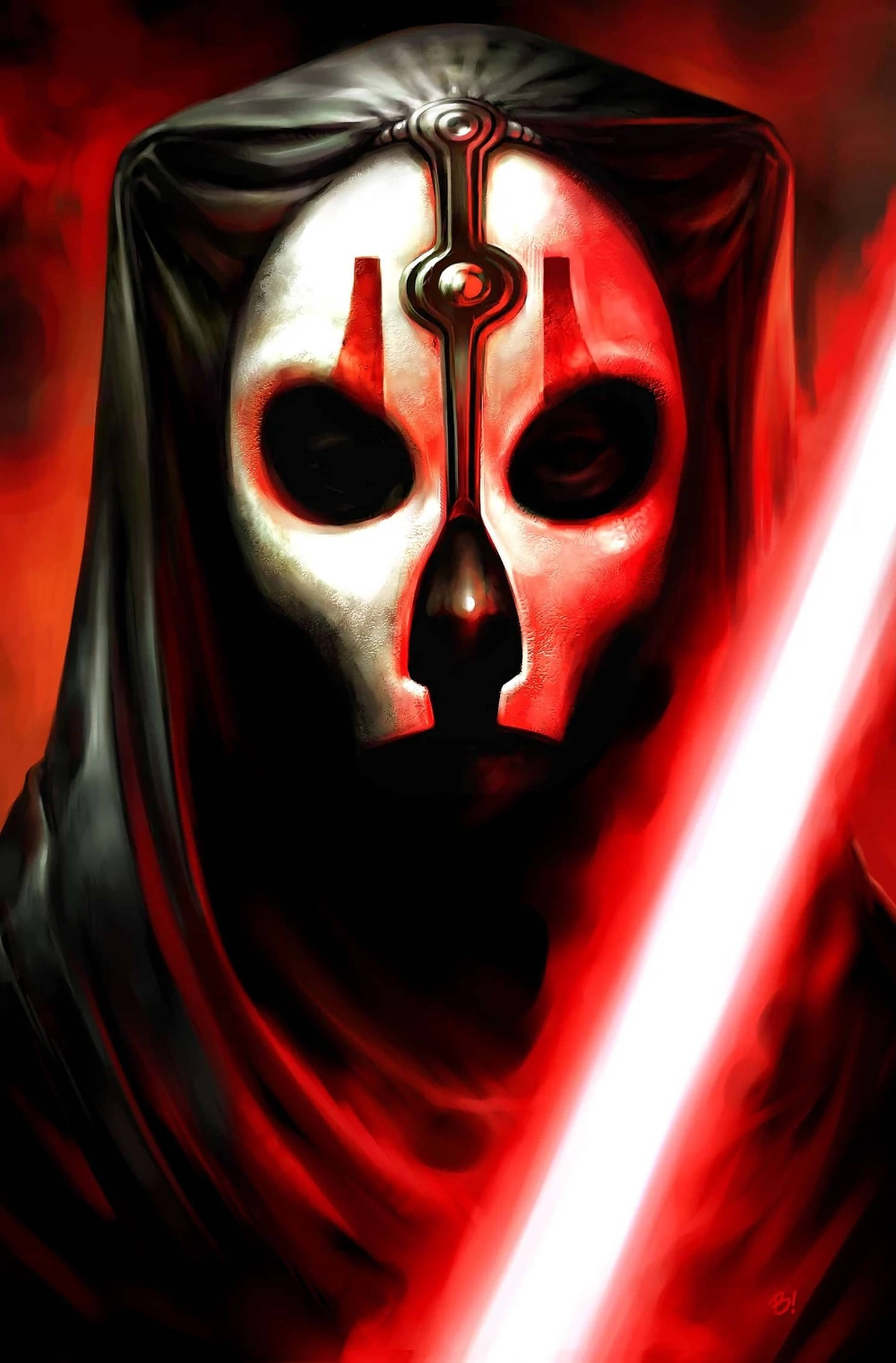 Darth Nihilus, black hood, glowing red lightsaber, Full HD Phone Wallpaper