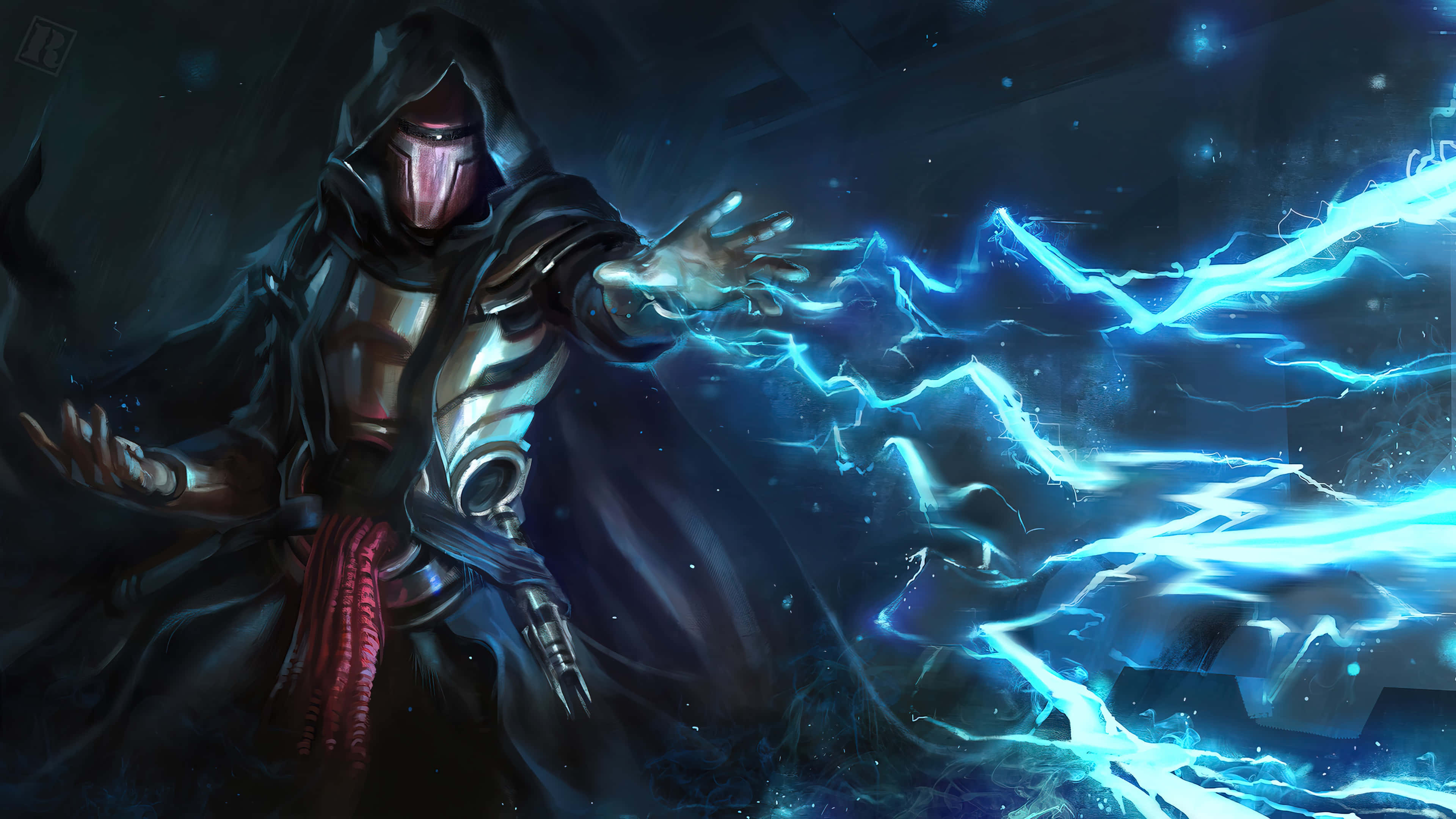 Darth Revan, red mask, crackling blue lightning, 4K Desktop Wallpaper