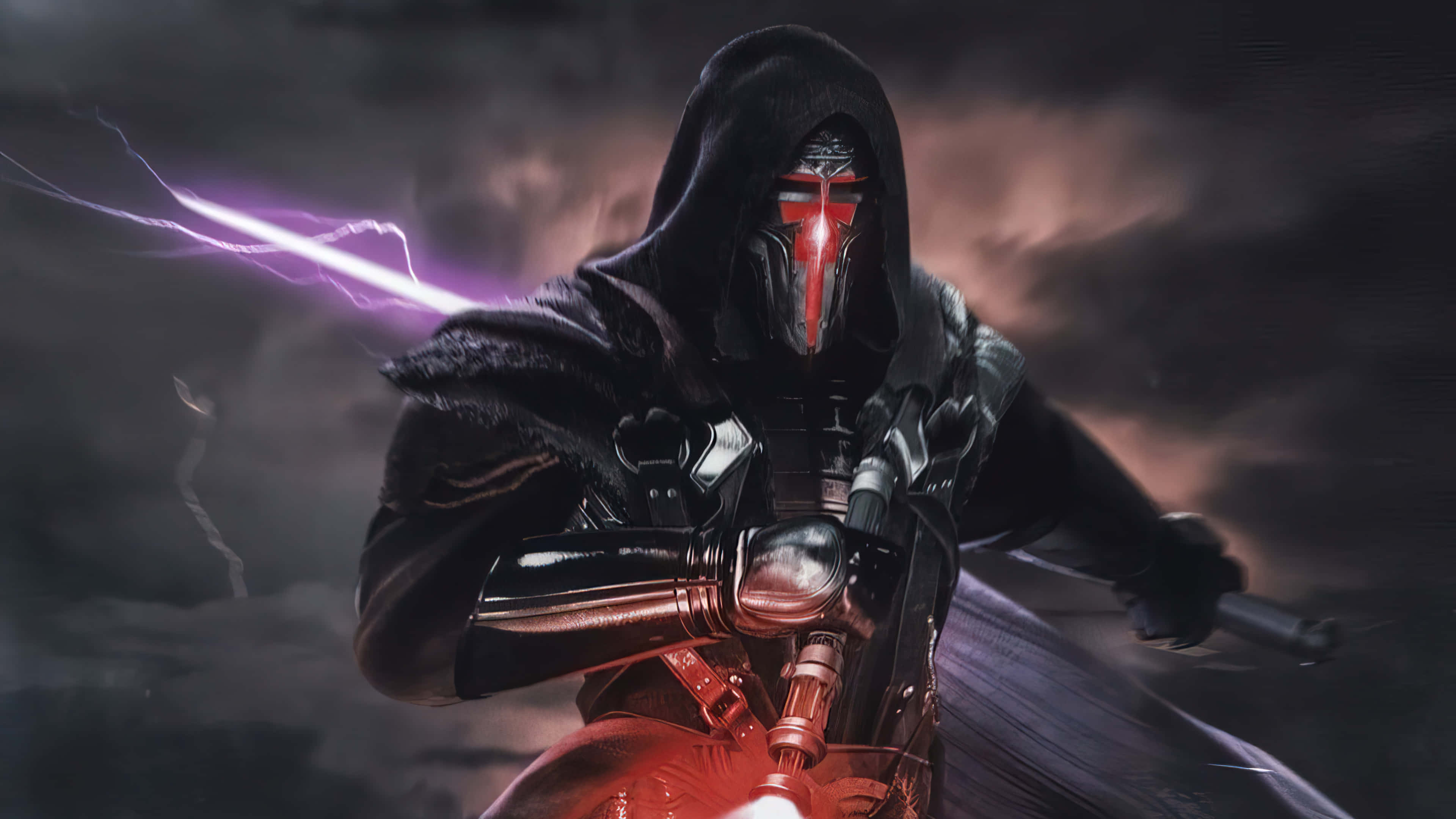 Darth Revan, red masked face, glowing purple lightsaber, 4K Desktop Wallpaper