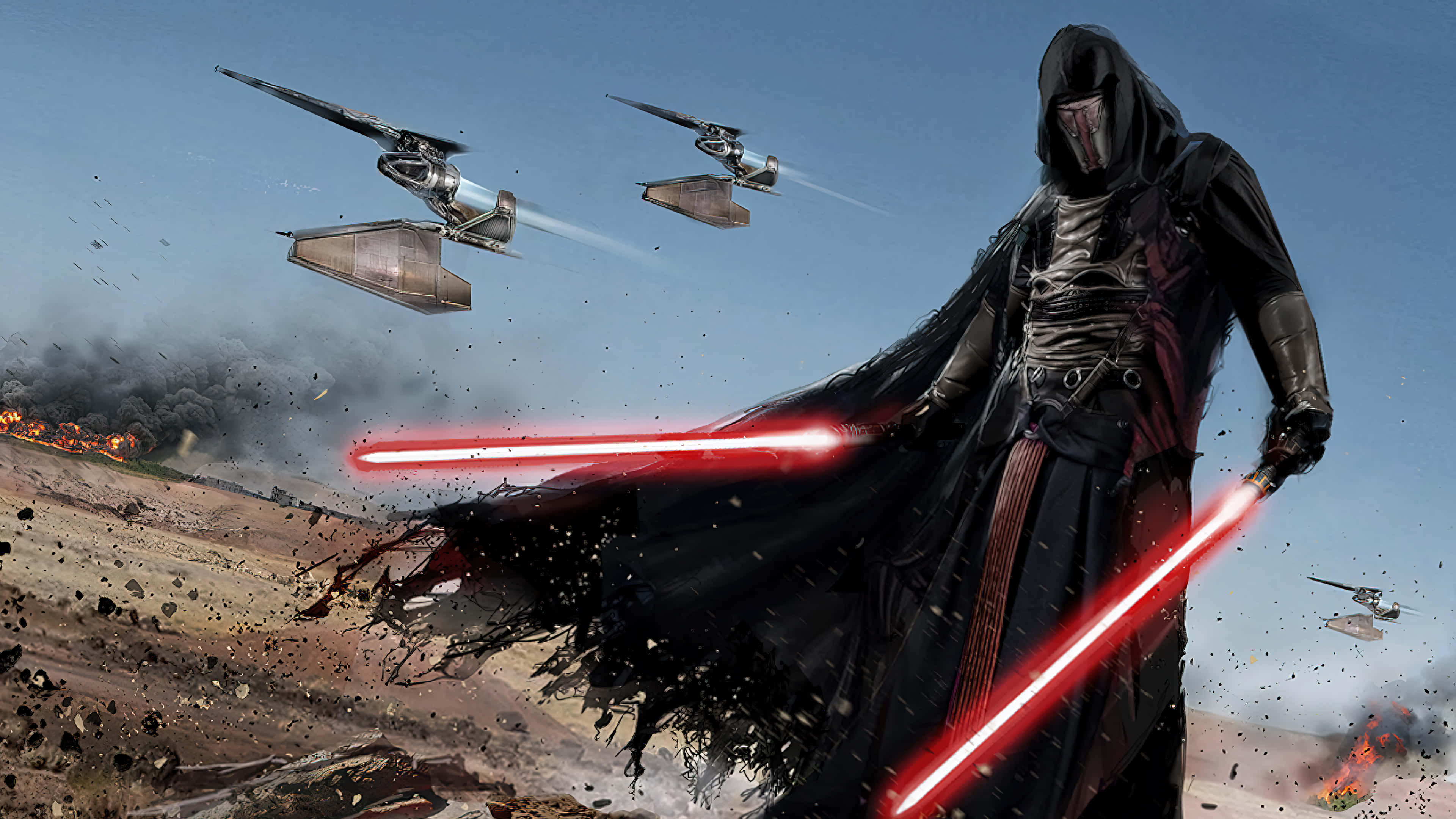 Darth Revan, red lightsabers, desert battlefield, 4K Desktop Wallpaper